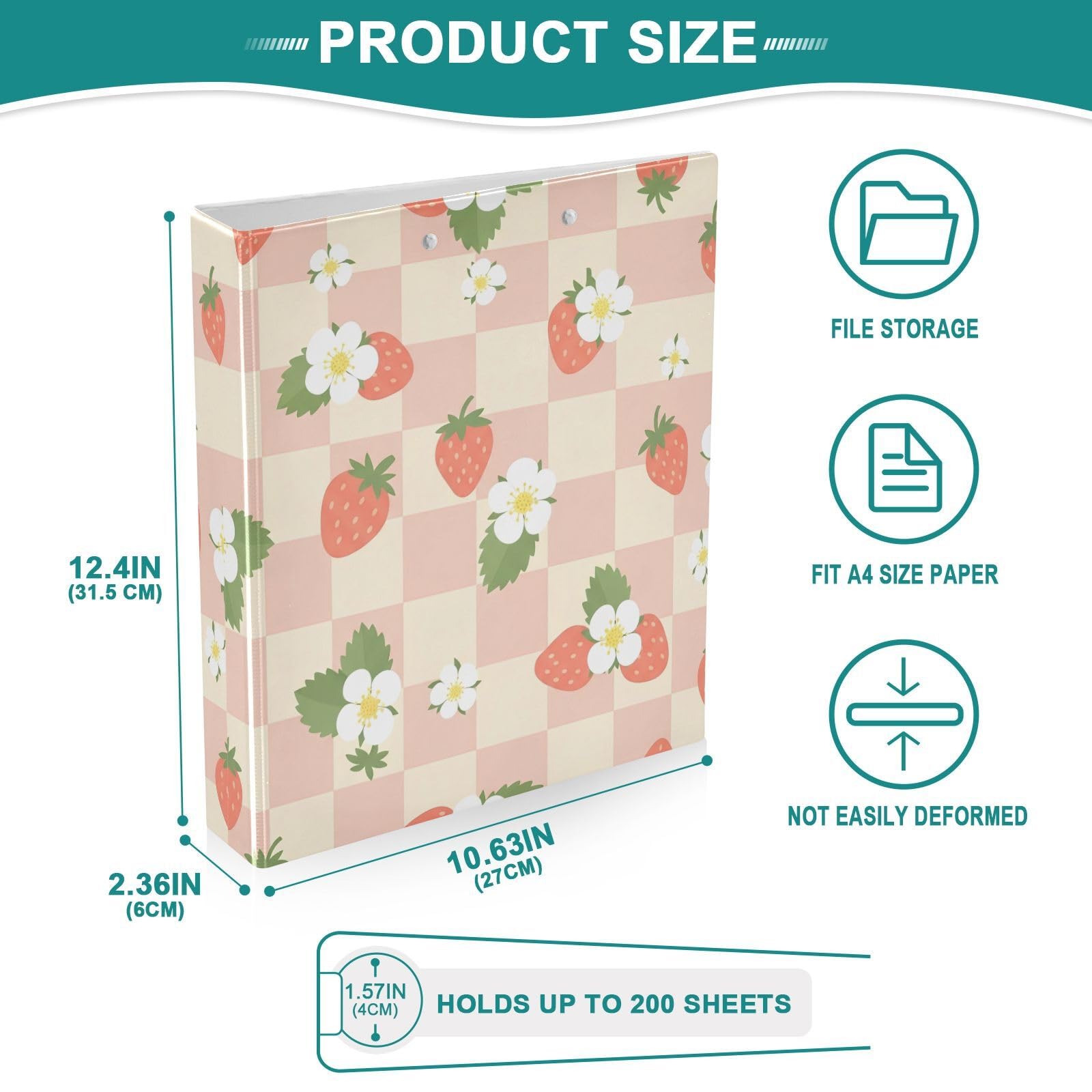 Raccoglitori a 3 anelli, 3,8 cm, motivo fiori di fragola, decorativi, con clip in metallo, formato A4, organizer per casa e ufficio, confezione da 2