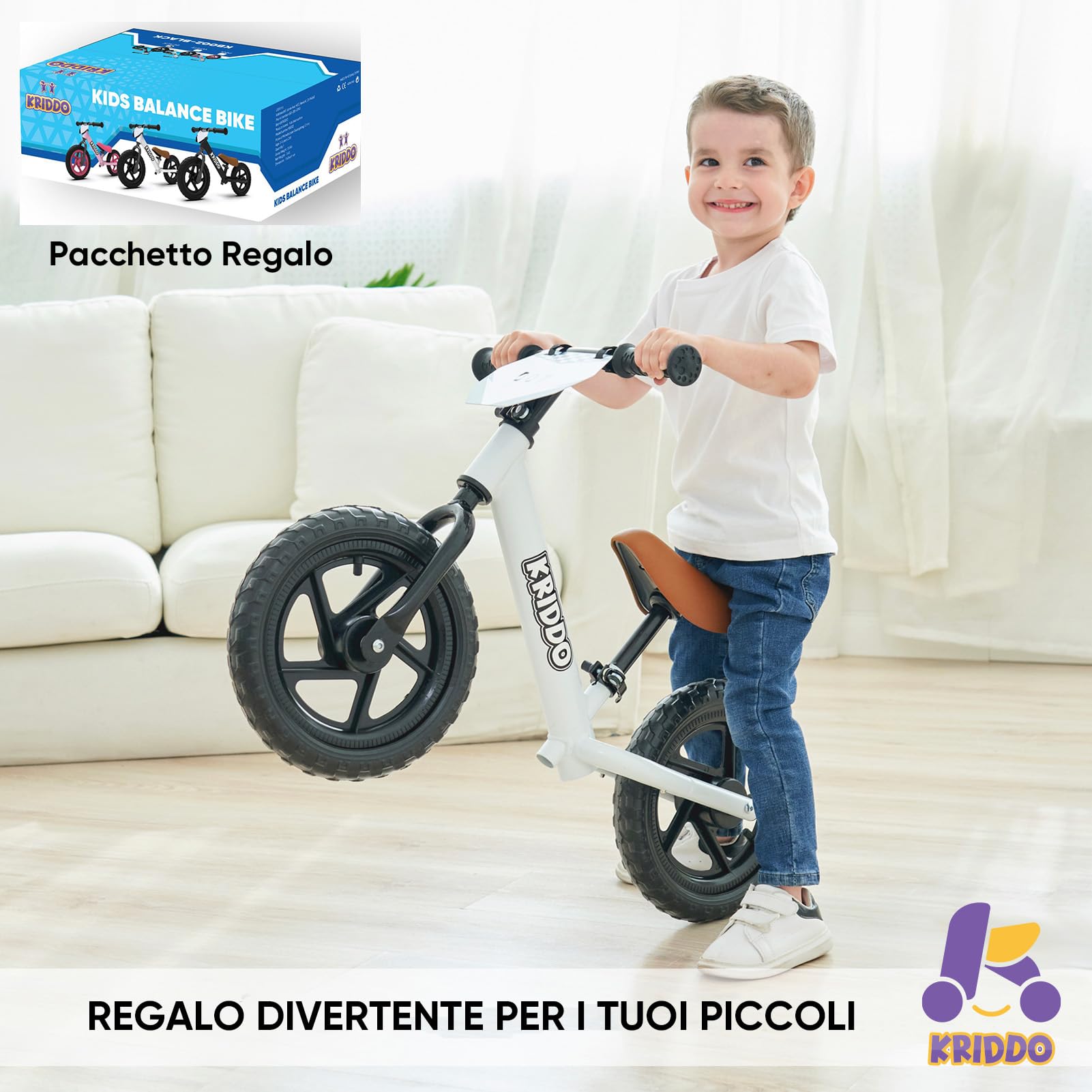 KRIDDO Bici per bambini 2 anni, età 18 mesi a 5 anni, 12 pollici push bike con piastra personalizzata (3 set di adesivi inclusi), bicicletta regalo per 2-3 ragazzi ragazze