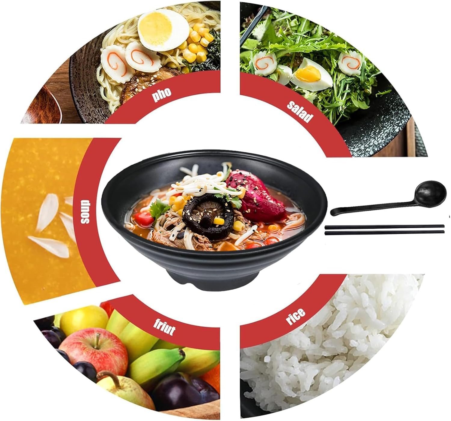 Zestaw 2 dużych japońskich misek ramenowych z pałeczkami i łyżką 1000 ml, miski na makaron i ramen z melaminy, zestaw ceramicznych misek ramenowych do Udon, sałatki, zupy Pho (1000 ml)