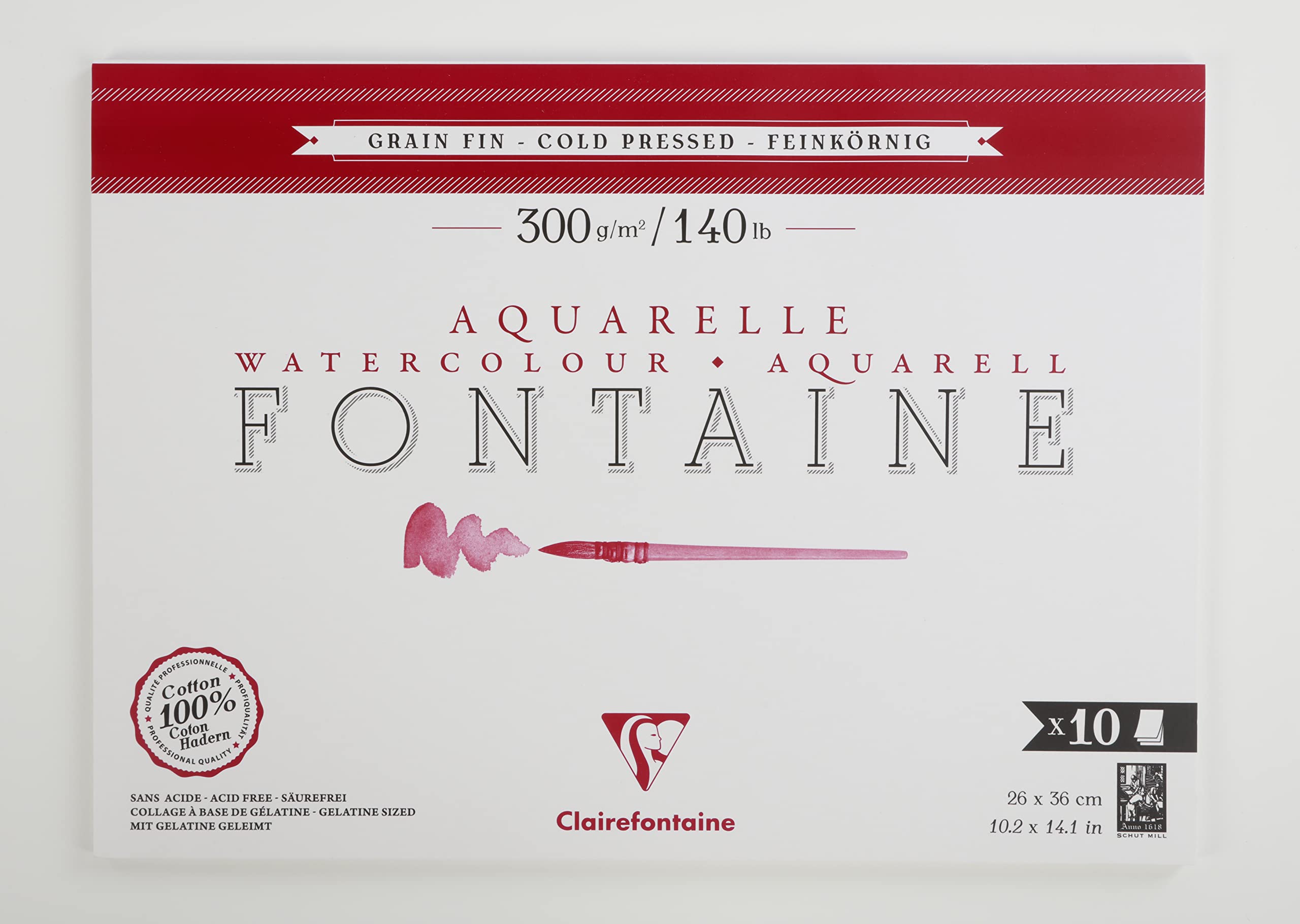 Clairefontaine 975512C Bloc Pegado 1 Fuente Lateral - 10 Hojas Papel Acuarela Blanco 100% Algodón Grano Fino Calidad Profesional 26x36 cm 300g