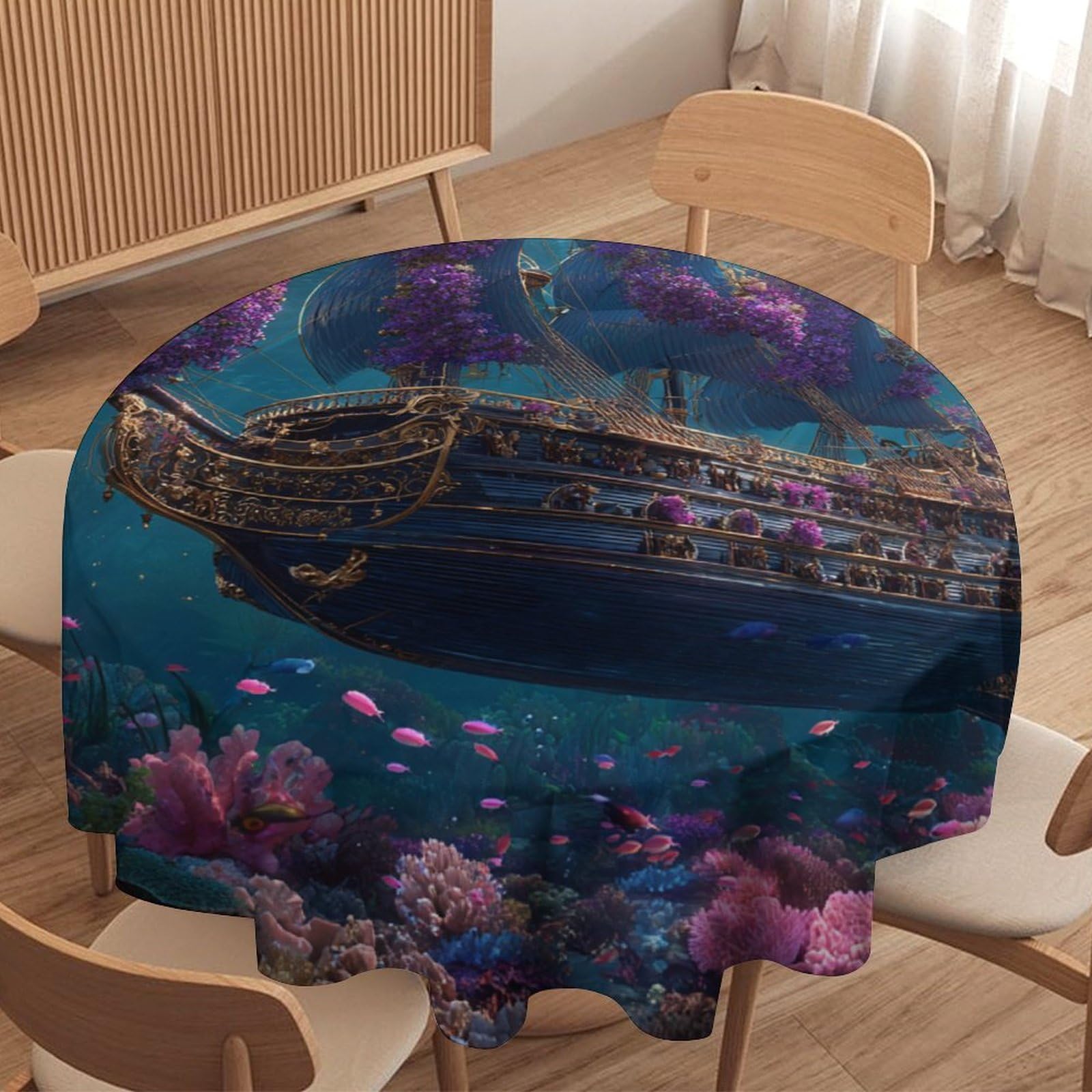 Luyysky Classic Nautical Pirate Ship Round Tablecloth Modern Oil Painting Ocean Underwater Sea Animal Fish Coral Washable Decor For Table Cover For Kitchen-177.8" Wx177.8 L Cm