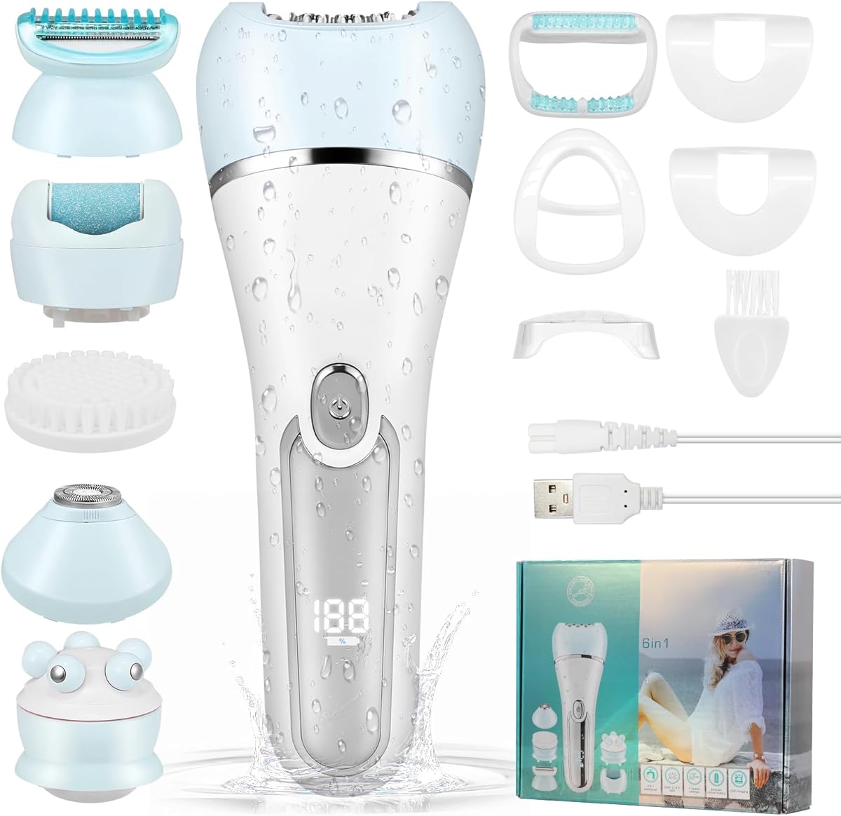 Epilatore elettrico donna, 6 in 1, viso, senza fili, display LED ricaricabile, Wet and Dry, epilatore con spazzola esfoliante, spazzola pulizia, testa massaggiante (blu)