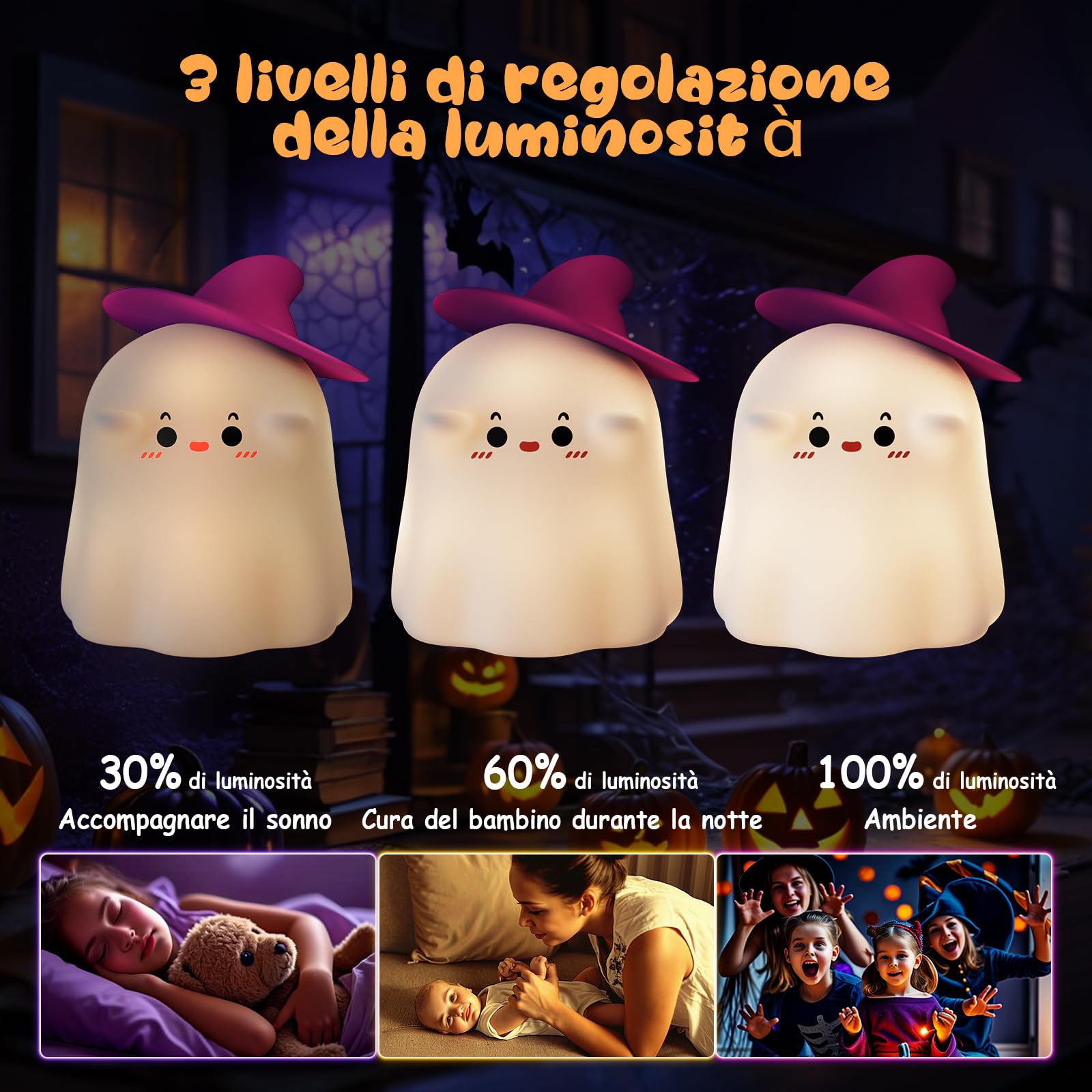 YISSVIC Halloween Decorazioni Fantasma Luce Notturna Bambino Halloween Silicone Ricaricabile Tipo C con Timer Regalo per Bambini