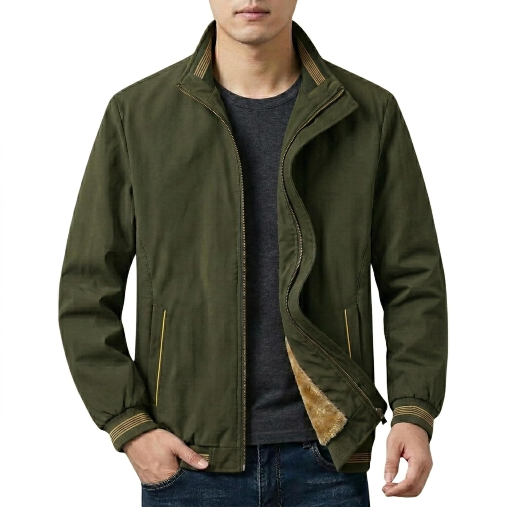 Tokyo Talkies Mens Jackets for Winter, Lightweight Bomber Jacket, Full Sleeve, Regular Fit, Stylish Stand Collar, Zipper Closure in neutral
