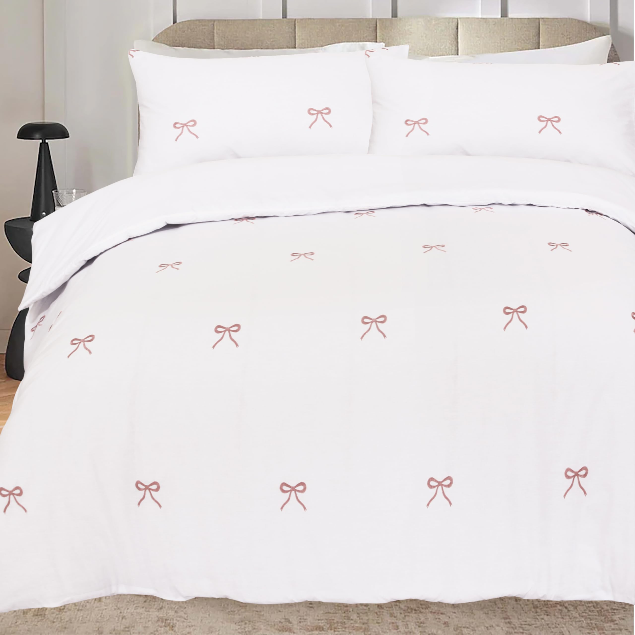 Olivia Rocco Bows Double Duvet Cover Sets Cotton Rich Bedding Set Embroidered Soft Easy Care Quilt Cover with Pillowcase, White/Pink Double