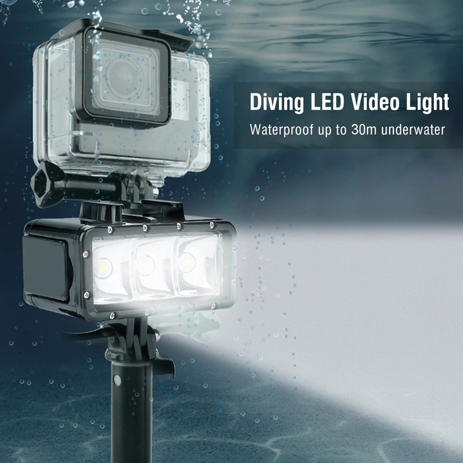 30m Underwater Diving LED Video Light Mini Waterproof Fill Light Night Shooting Alloy Black Sports Camera Super Bright Power Saving Portable Waterproof Camera Light