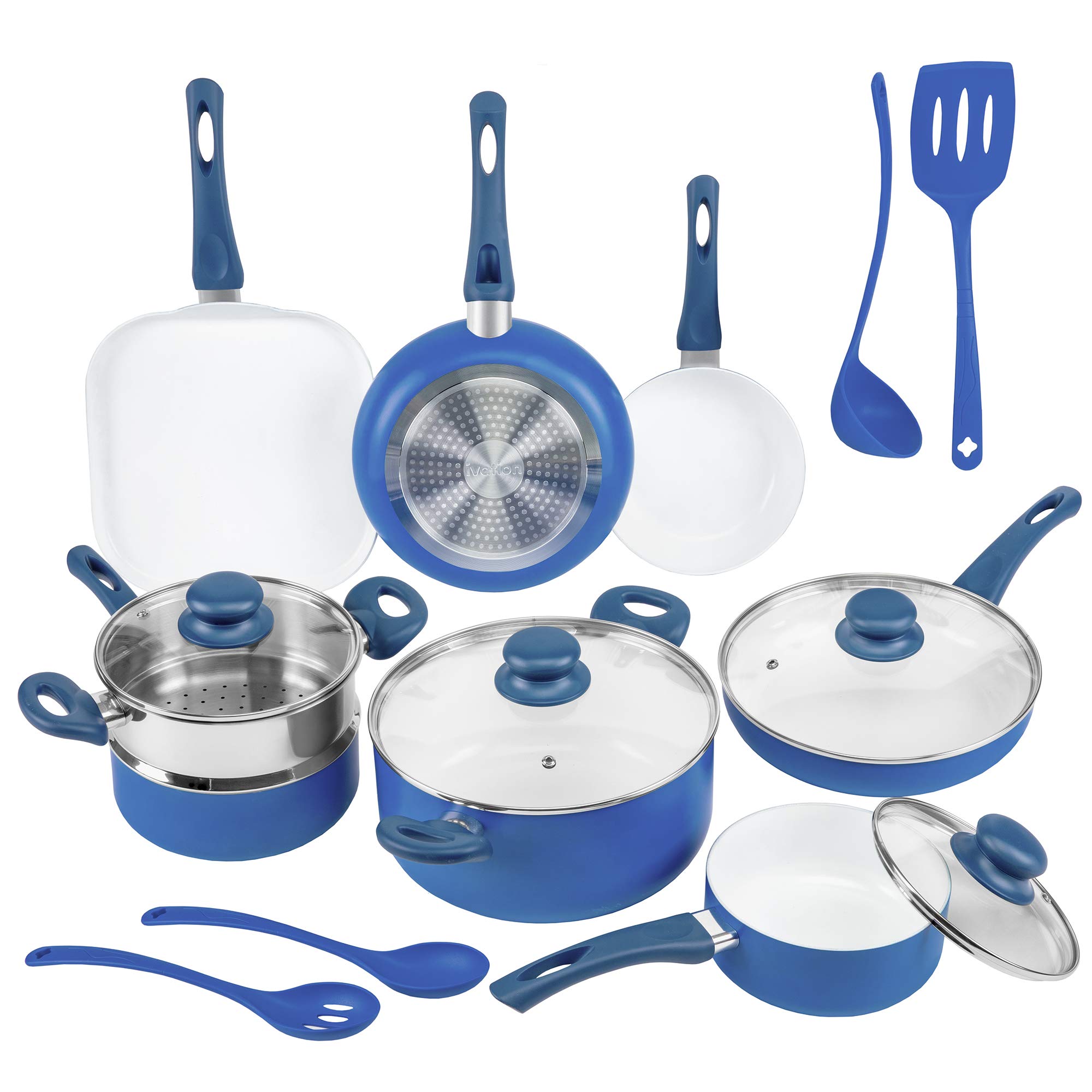 Ivation 16pc Healthy Ceramic Nonstick Cookware Set w/Induction Compatible Base | Dishwasher Safe, PFOA & Toxin Free | Pots...