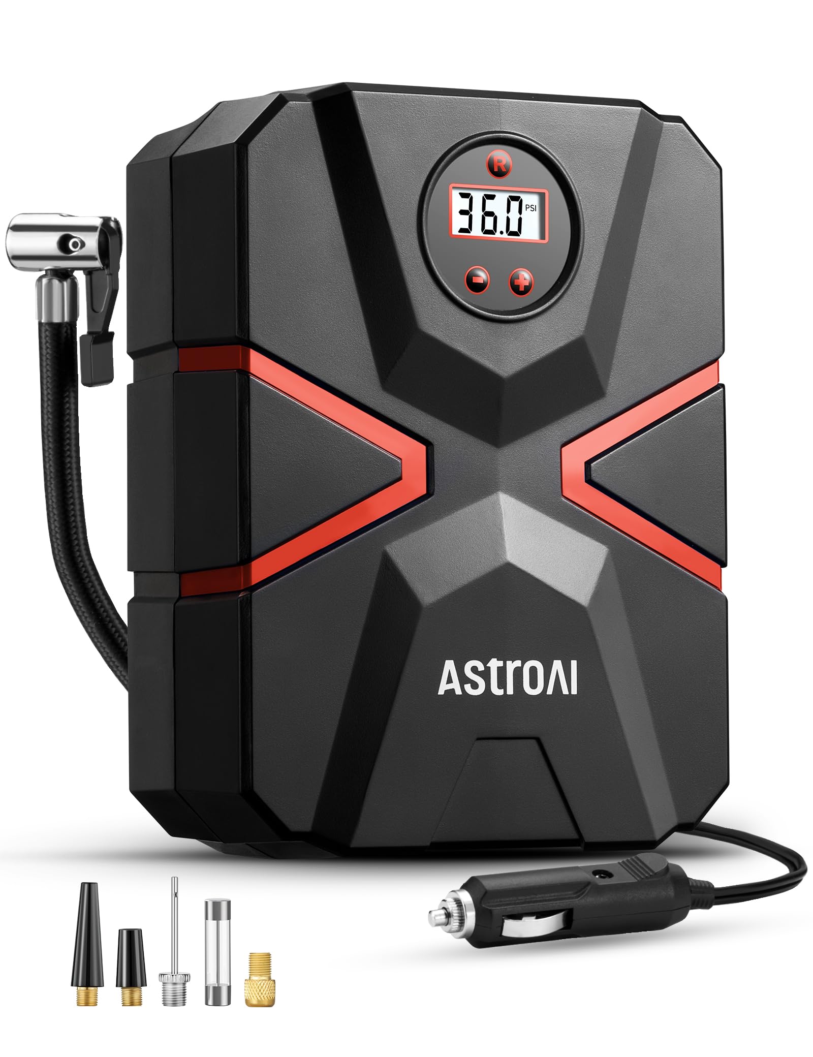 AstroAI Kompressor Auto Autoreifen Pumpe Luftpumpe 10,3 bar 12V DC mit Echtzeit-LCD-Display Voreingestellter Reifendruck Abschalautomatik Luftkompressor für Auto, Fahrräder, Motorrad, Ball(Rot