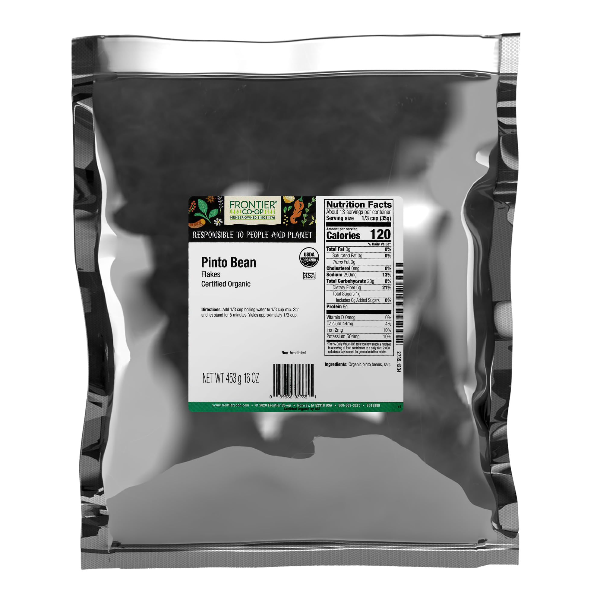 Frontier Co-op Organic Pinto Bean Flakes, 1lb Bulk Bag, Hearty and Flavorful | Made from Organic Pinto Beans | Versatile for Various Cuisines, KosherUSDA Organic