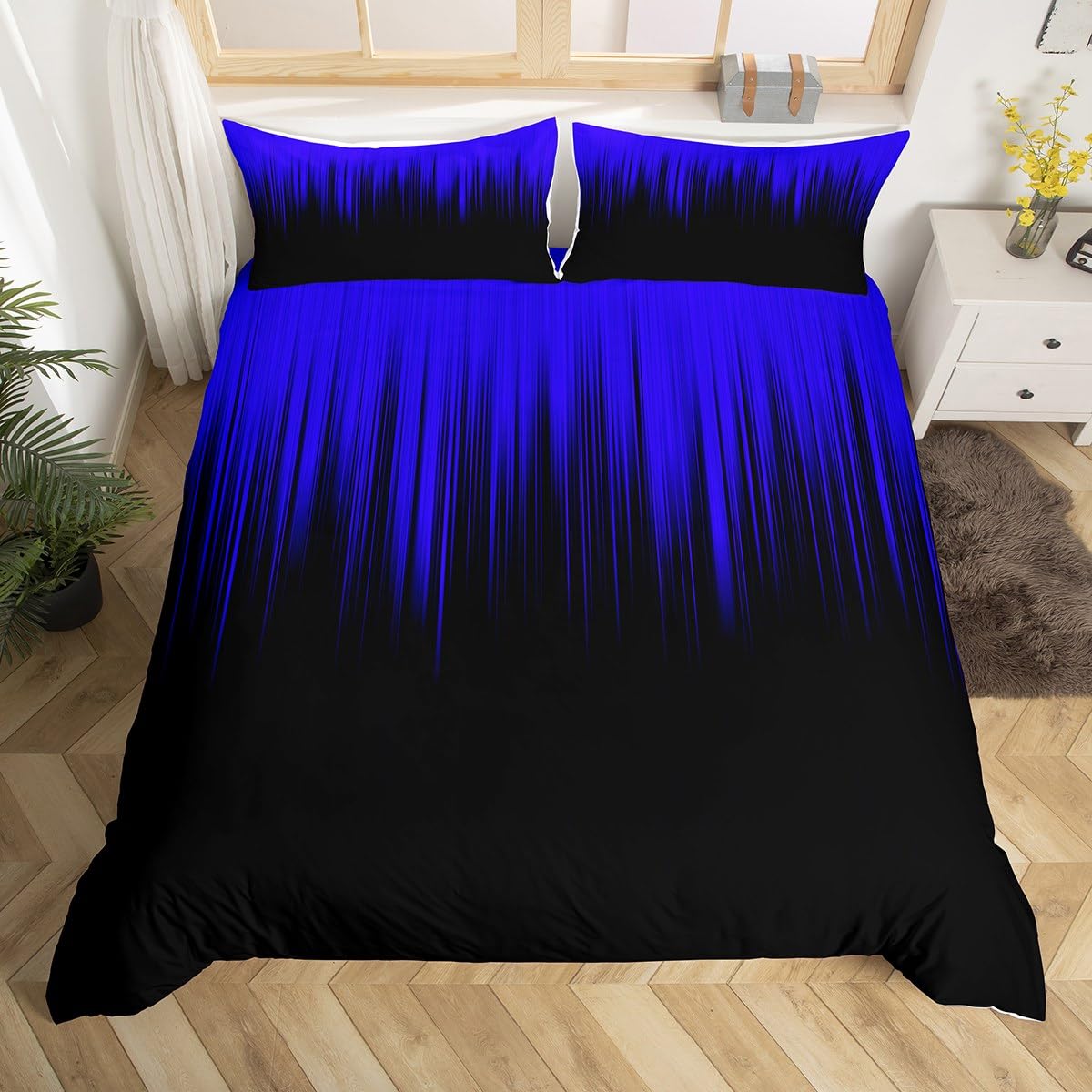 Homewish Black Navy Blue Bed Set Gradient Aesthetic Bedding Single Size Black Reversible, Watercolor Lines Bed Cover for Boys Girls Bedroom Decor