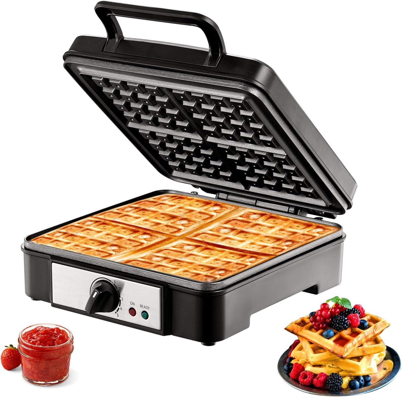 1200W Square Waffle Iron, Non-Stick Waffle Baker Machine with Temperature Range, Stainless Steel Body