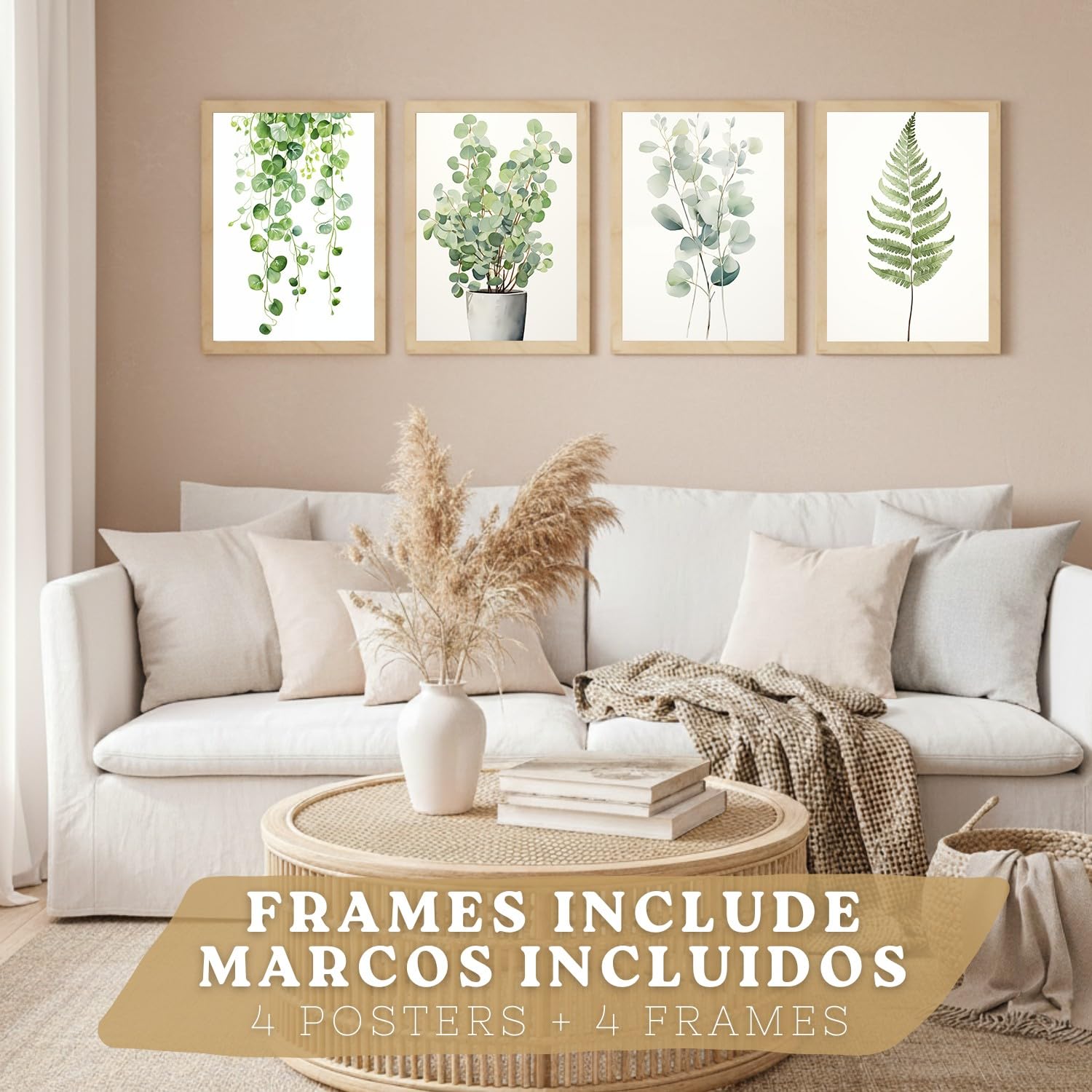 Nacnic Set 4 Quadri Botanici Boho Moderni Arredamento Salotto Camera Da Letto Cucina Bagno A3 Telaio In Legno Chiaro