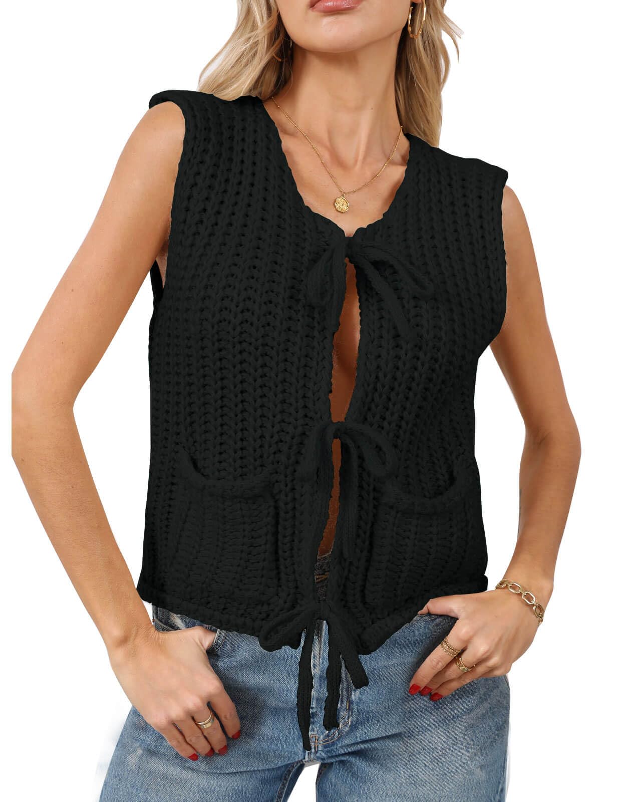 Trendy Cardigan Sweater Vest for Women Crochet Chunky Knit Top Sleeveless Bows Bandage Crop Tops with Pockets