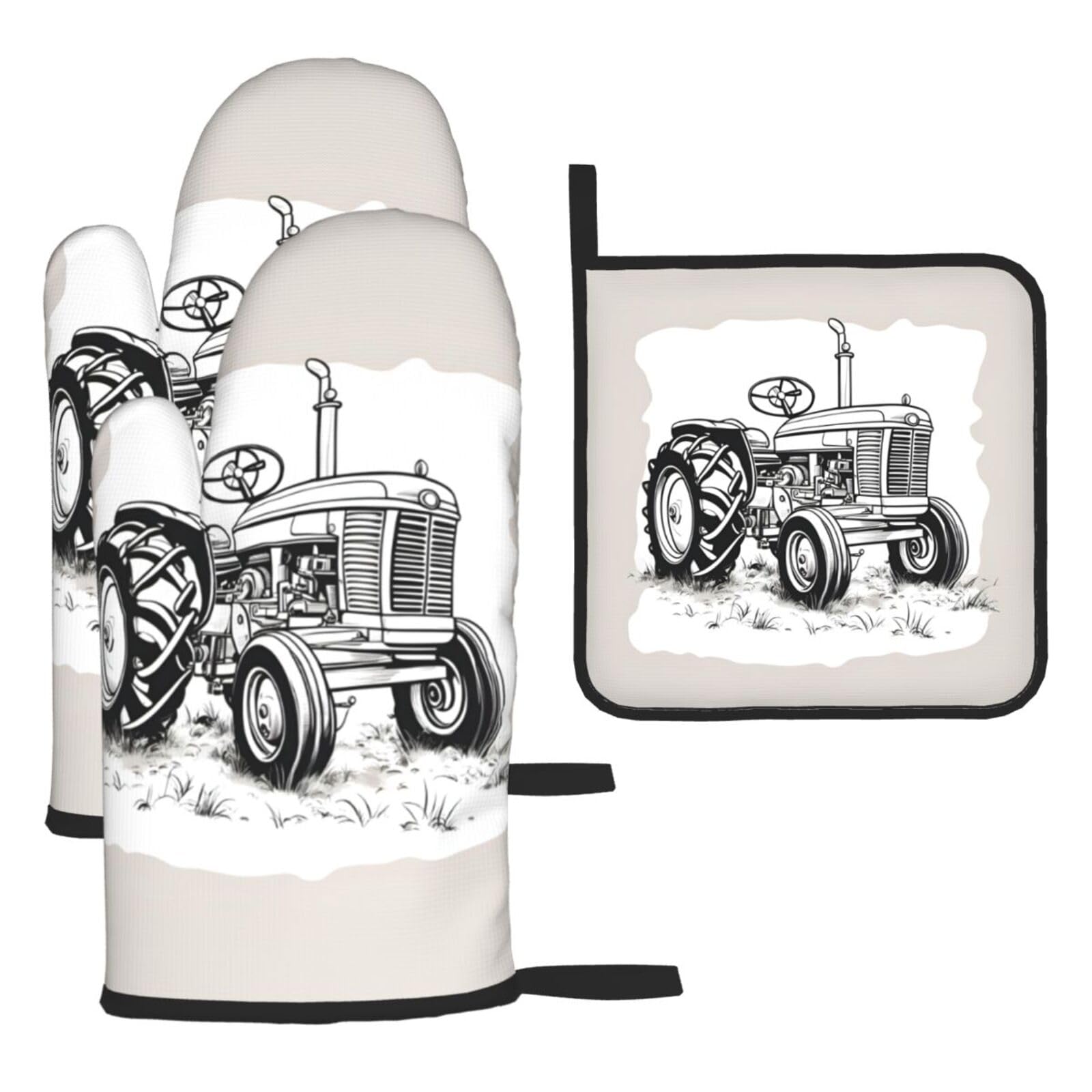 Yyoretp Black Cartoon Tractor Print Oven Mitts And Potholders Bbq Gloves-Oven Mitts And Pot Holders For Cooking Baking