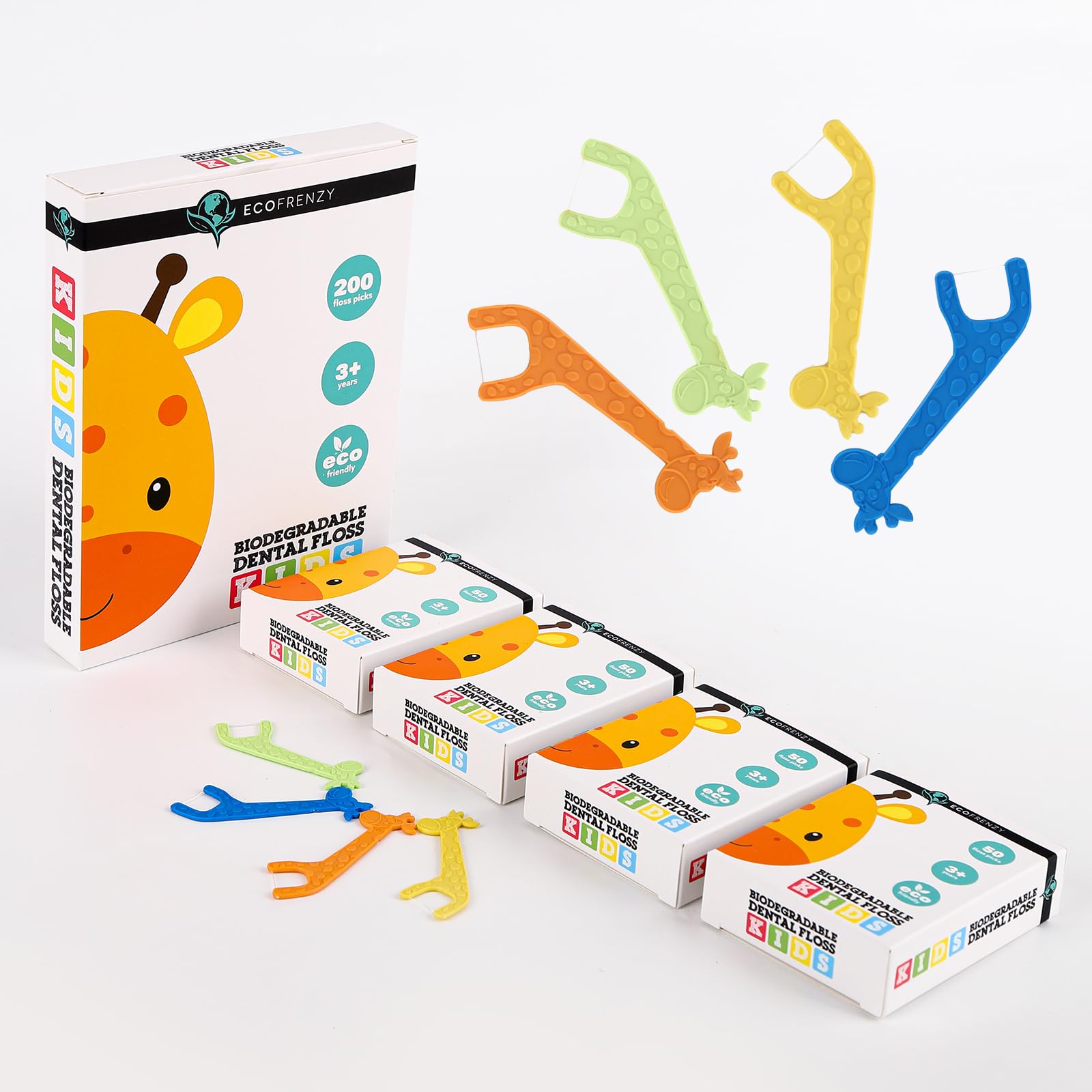 EcoFrenzy Kids Floss Picks 200 Count (4 Packs of 50 Flossers) - Biodegradable Cornstarch - Strawberry Flavored