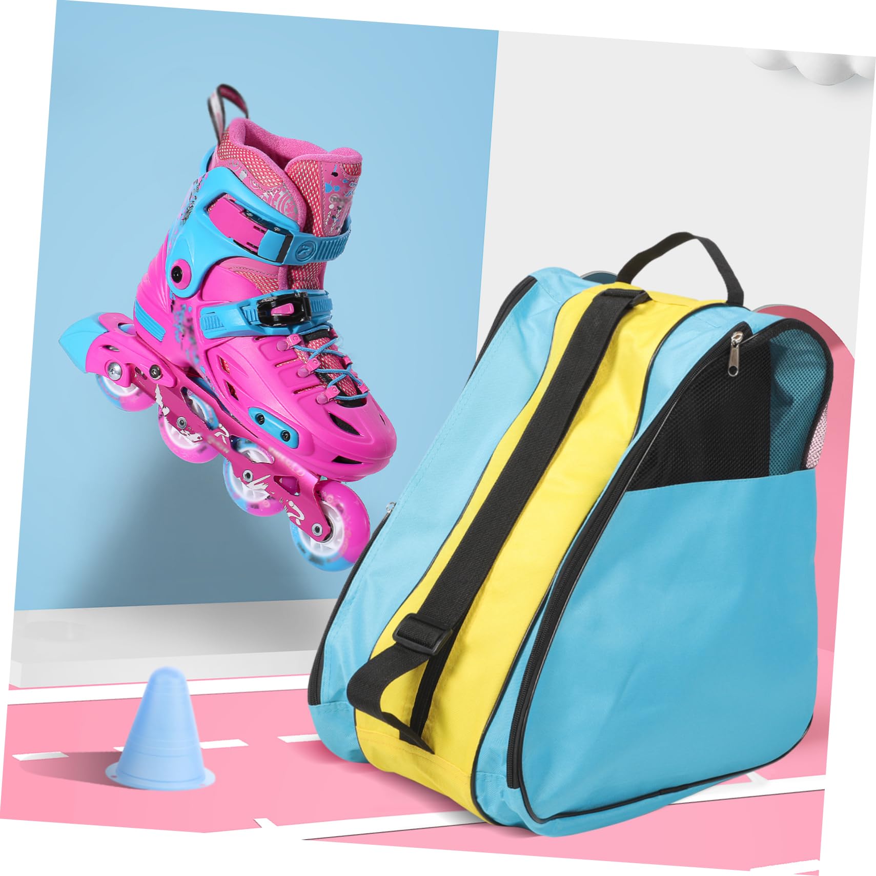 UPKOCH Borsa Porta Pattini a Rotelle Zip, Zaino per Scarpe da Pattinaggio | Nylon, Blu e Giallo, Rete Parziale, Tracolla Singola, per Conservazione e Trasporto