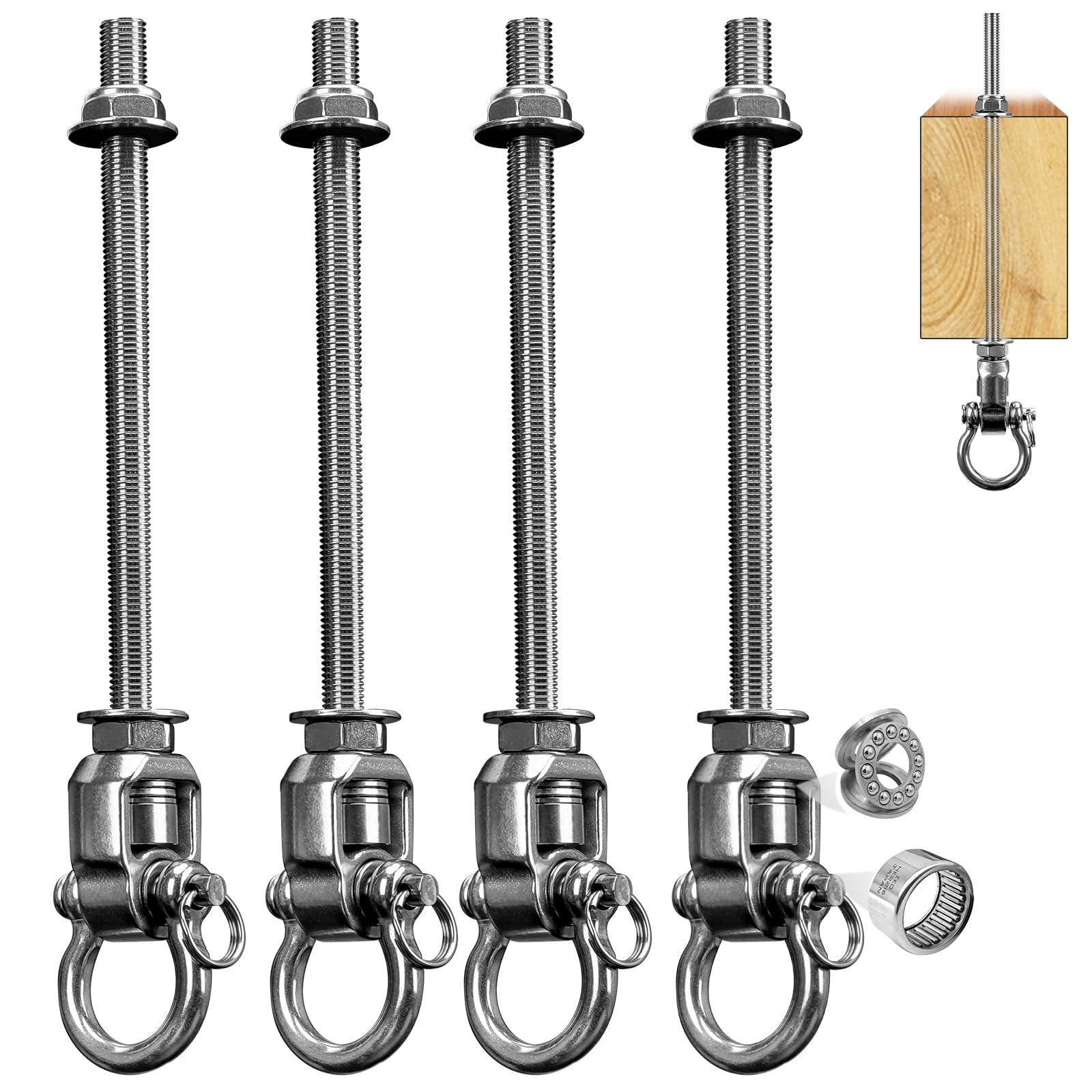 4er Schaukelhaken M10,180°+360°Drehbar Schaukelhaken für Holzbalken | 285mm Schaukelhaken Lager Bis 453kg, Edelstahl Hängematte Schaukel Befestigung Betondecke für Boxsack Hängesessel Yoga