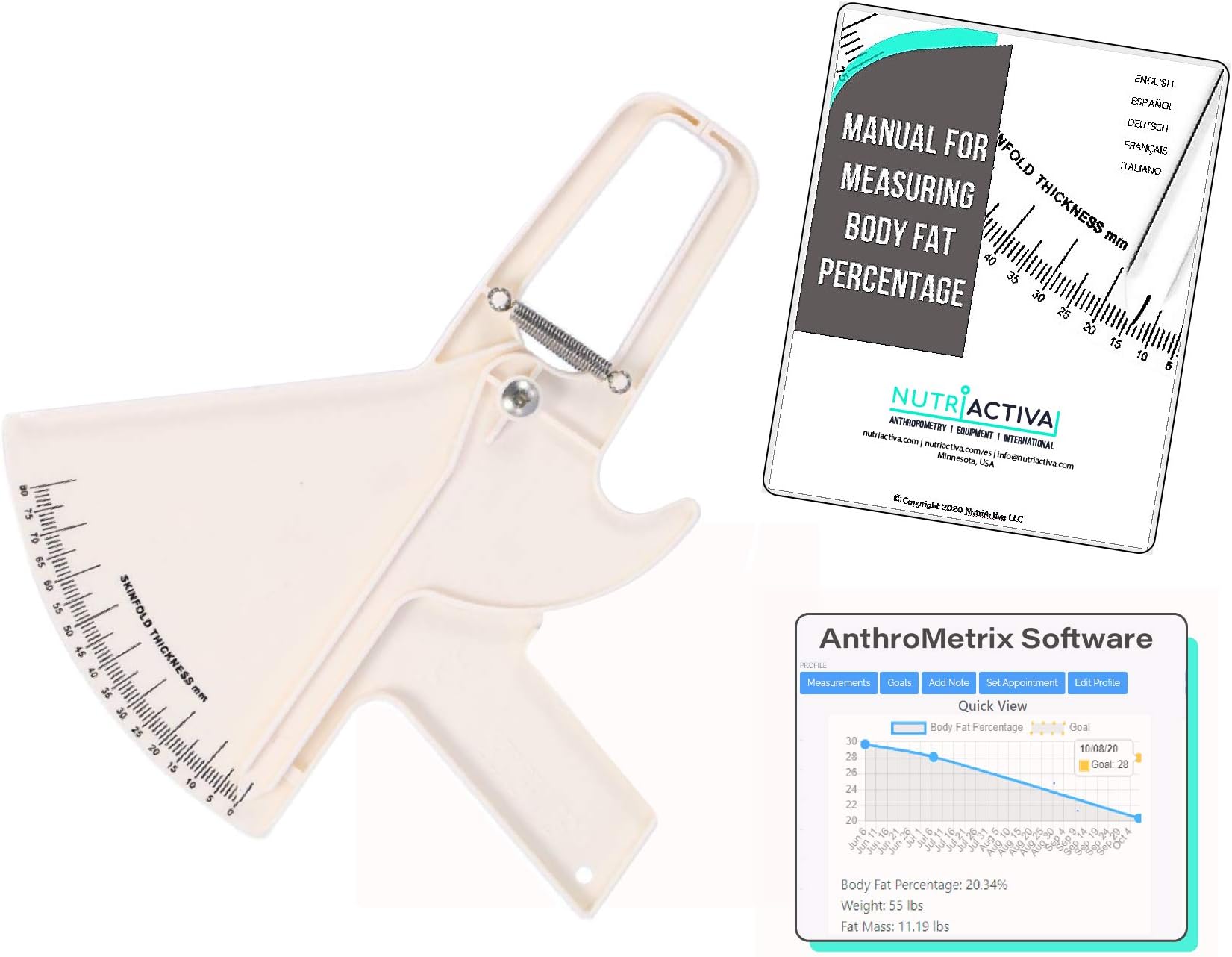 Slim Guide Skinfold Caliper with Body Fat Software and Multilingual Manual (White)