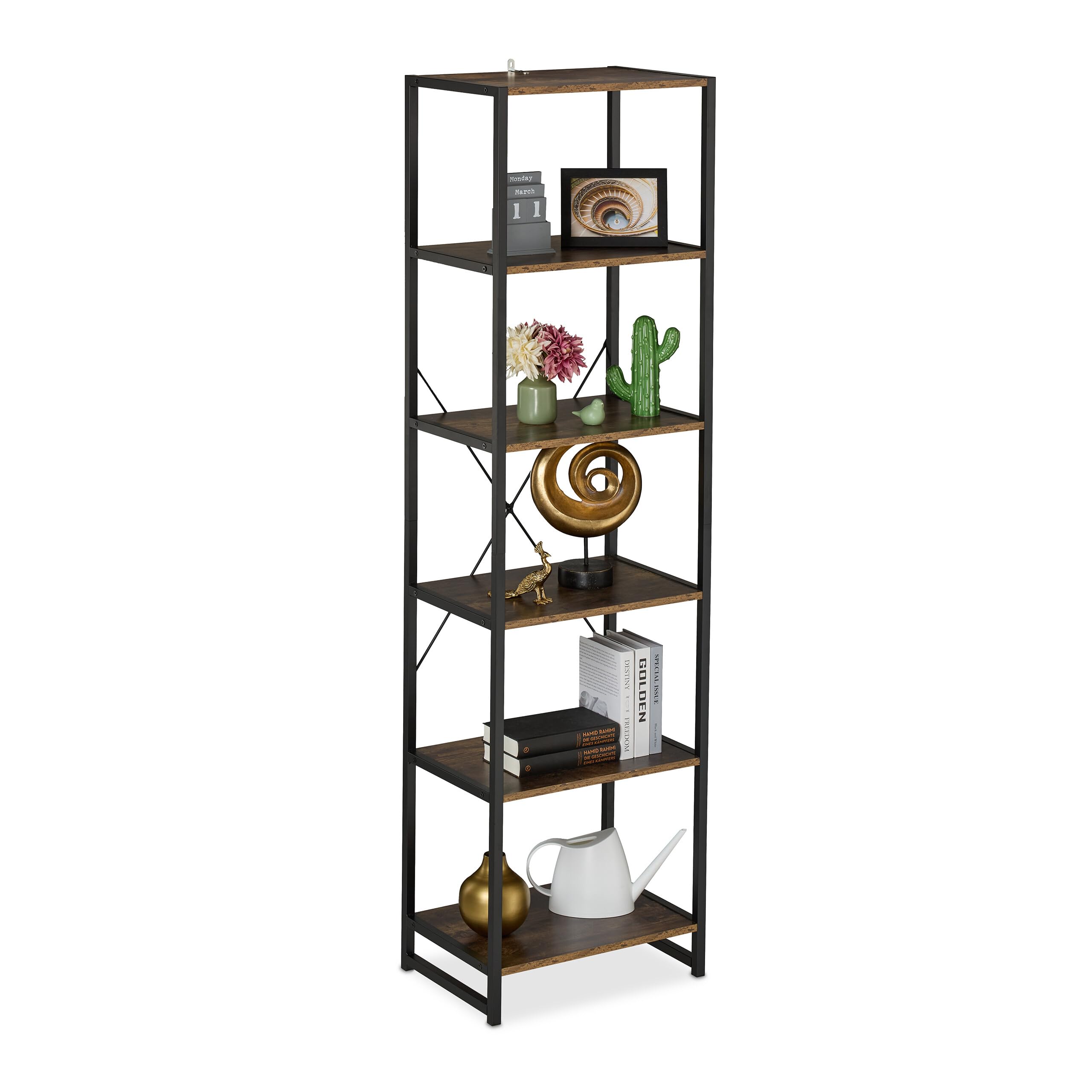 Relaxdays Standregal, 180 x 50 x 35 cm, 6 offene Ablagen, schwarz/braun