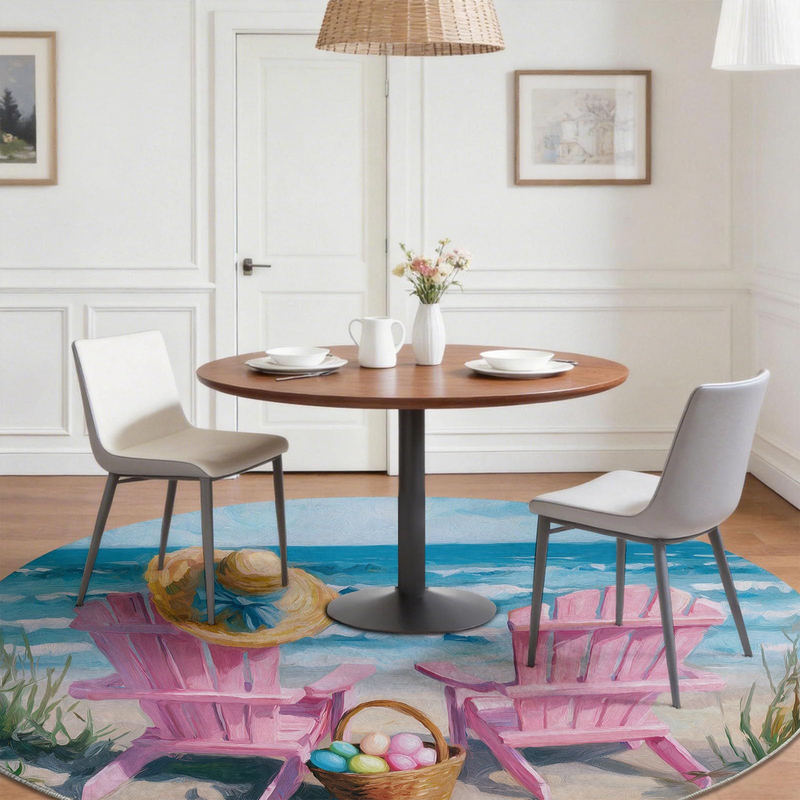 Tapis Ronds 180 cm Station Balnéaire Tapis Rond Plage Mer Chaises Longues Lavable pour Salon, antidérapant à Poils Courts - Doux pour Salle à Manger Salle de séjour Salle de Jeu, Bleu Poudré