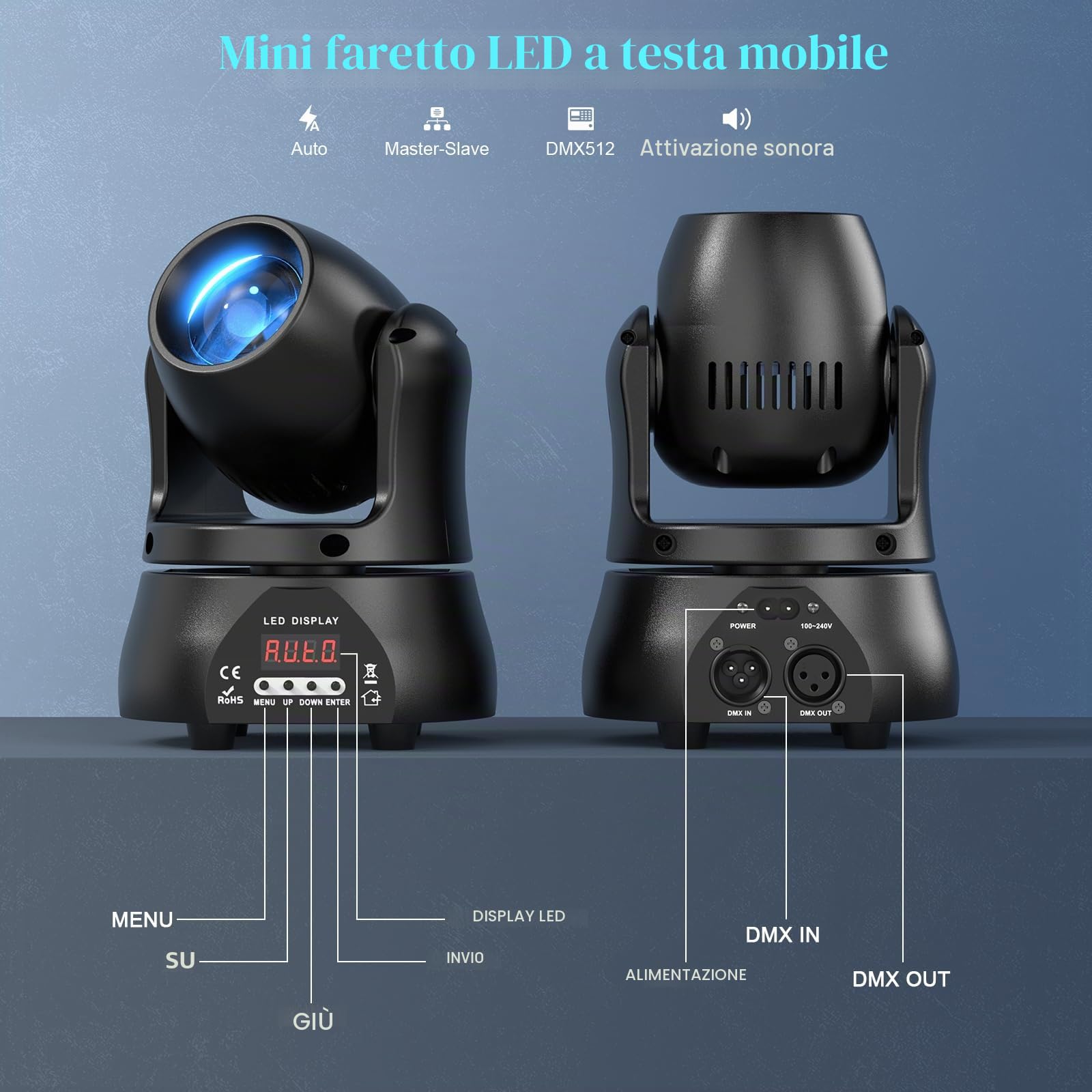 2PCS 70W Teste Mobili Luci Palcoscenico Spot Beam, Luce Discoteca LED RGBW DMX512 Gioco di Luce Serata Controllo Vocale Luce di Festa per Club Bar Halloween DJ