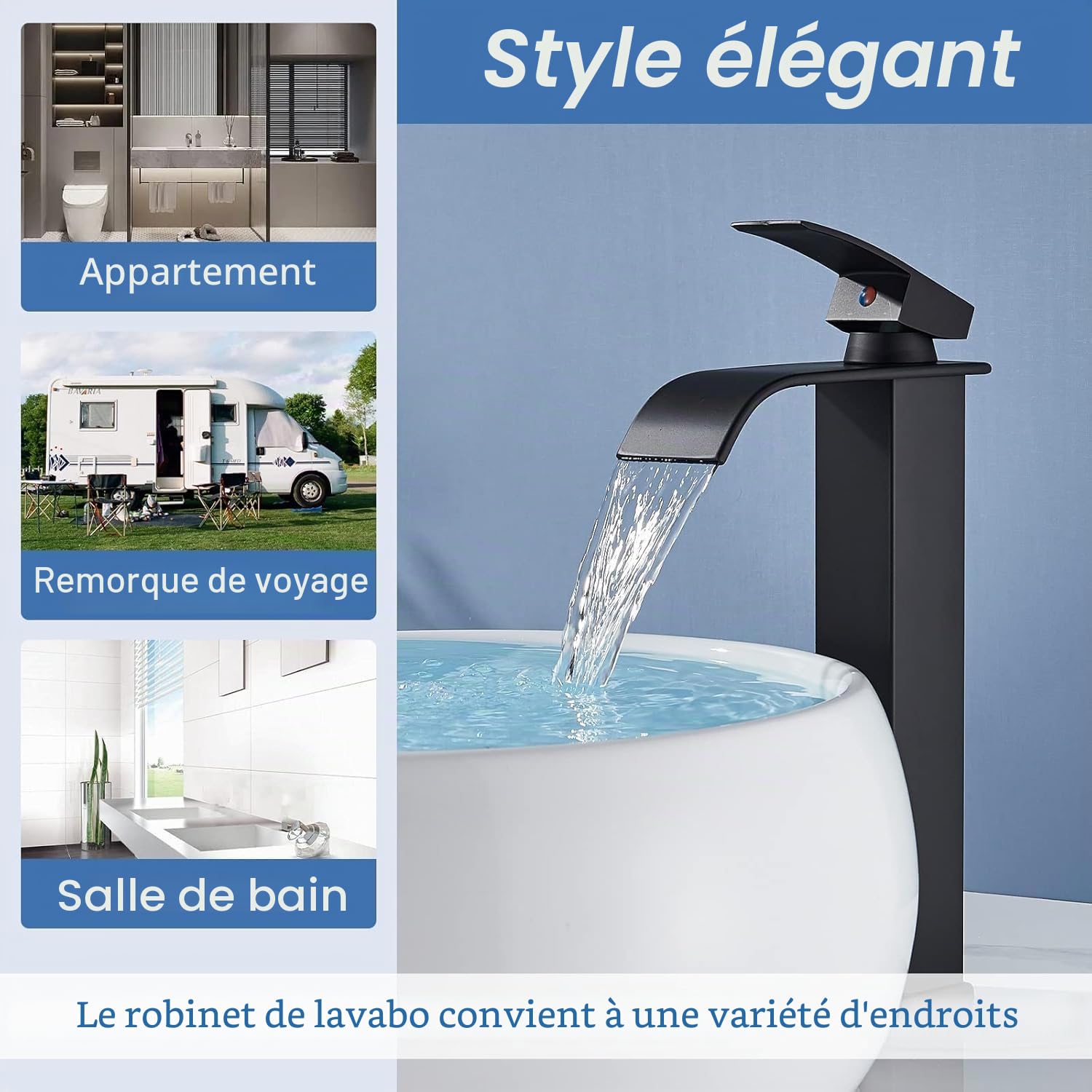 Robinet de lavabo cascade, noir, cascade, haut, moderne, mitigeur monocommande en laiton, économie d'énergie, économie d'eau
