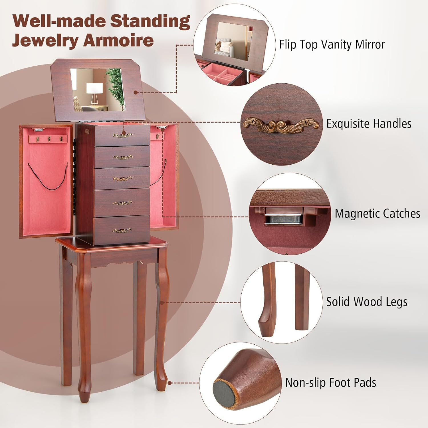 GOFLAME Standing Jewelry Armoire, Jewelry Storage Cabinet with Flip Top Makeup Mirror & 4 Drawers, Freestanding Jewelry Box Organizer with 2 Side Swing Doors & 6 Necklace Hooks, Walnut