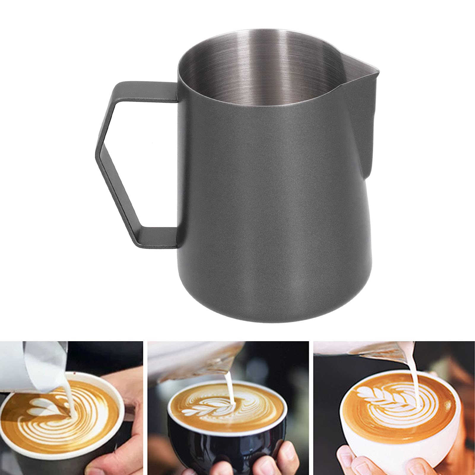 Schwarzes Milchkännchen langlebiger Milchaufschäumer aus Edelstahl 304 sicherer und gesunder Kaffeeaufschäumkrug mit spitzer Öffnung für Wasser Säfte,Eine Farbe-350ml