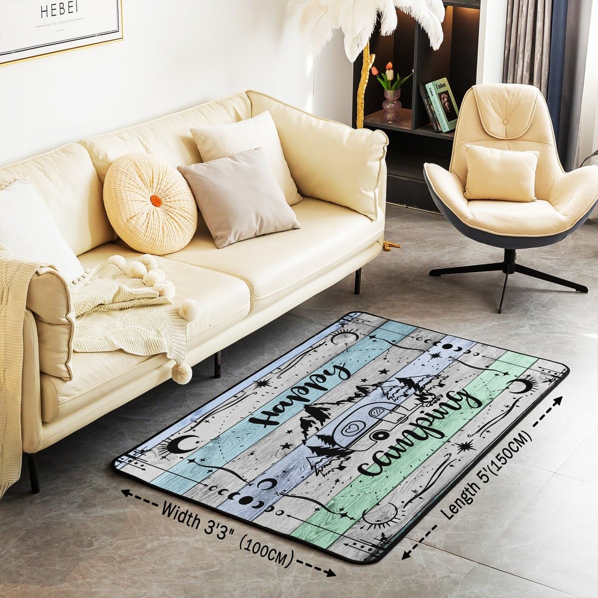 Homewish Tappetino per interni in legno ad acquerello, per ragazzi, ragazze, camper, felice, campeggio, fattoria, vecchio fienile, motivo decorativo per stanza dei giochi, 3 x 5