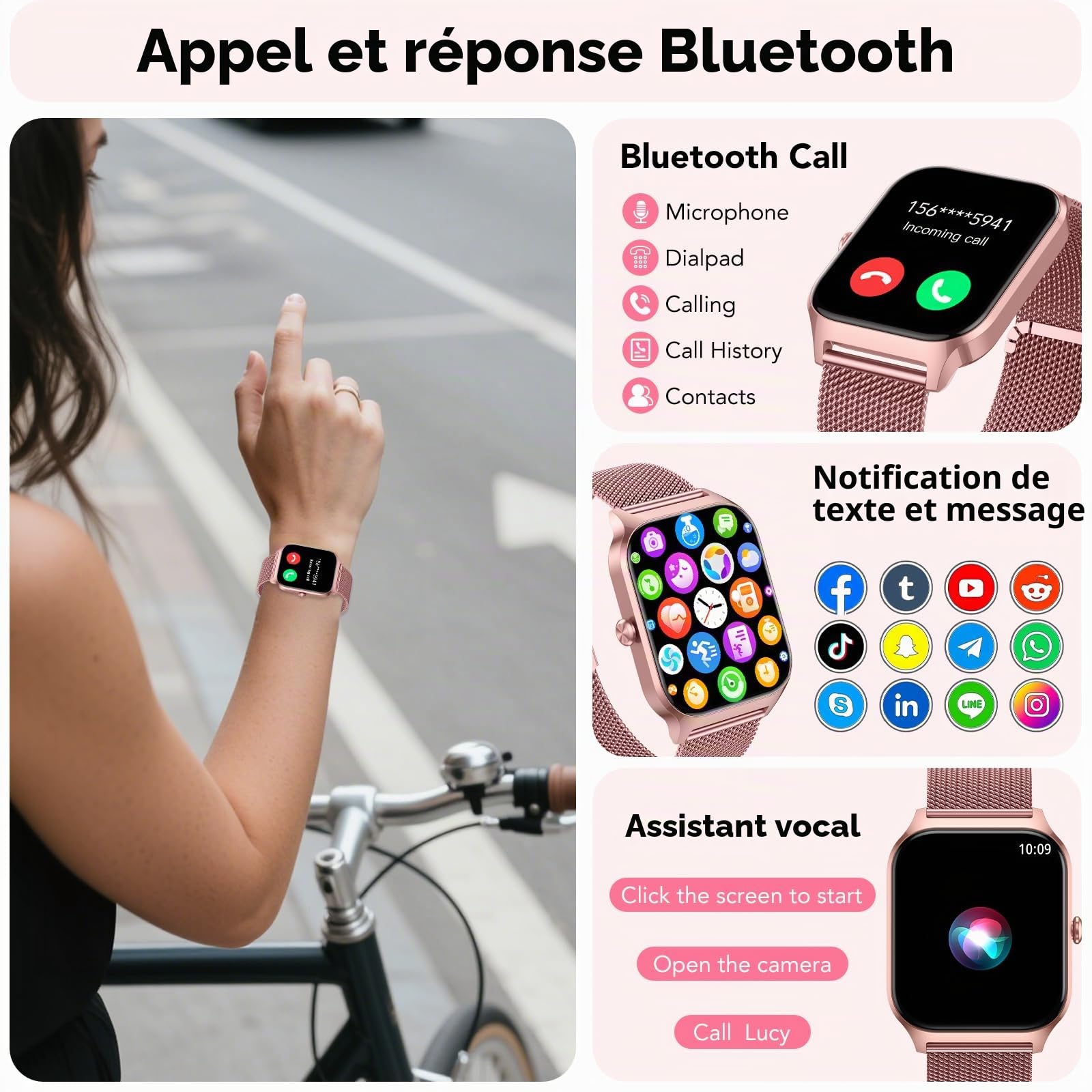 Montre Connectée Femme avec Appel Bluetooth, 1.85" HD Fitness Tracker Smart Watch, 120+ Modes Sportifs, Sport Smartwatch avec Podometre Moniteur de Sommeil Fréquence Cardiaque SpO2 pour Android iOS