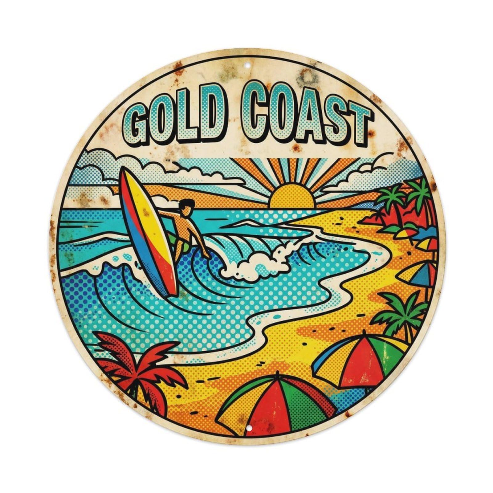 Olyhtr 8X8inch Classic Style Gold Coast Beach Destination Bold Color Travel Metal Tin Sign