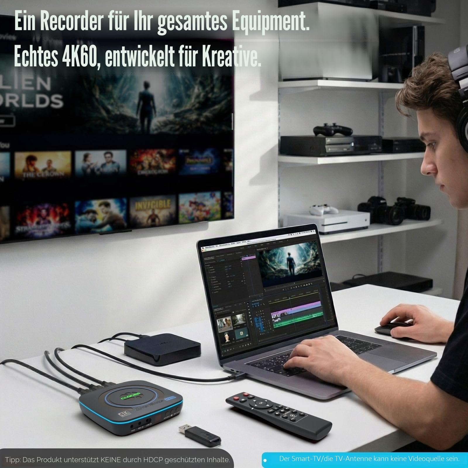 ClonerAlliance UHD Halo, 4K @ 60fps Standalone Video Recorder mit H.265/H.264 Codec, HDMI & Mobile Dual Capture, 4K @ 60fps Passthrough, Audio Extract/Mix