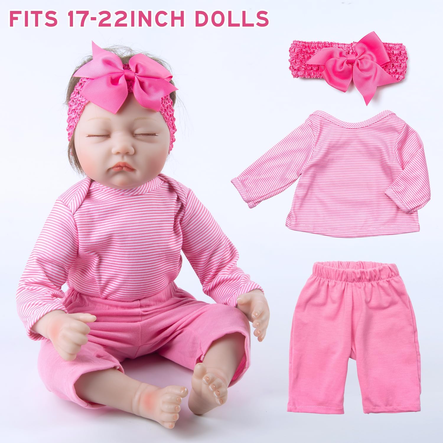 Pedolltree 8 Pcs Reborn Baby Dolls Clothes Girl Pink Striped Outfit Accessories with Pink Lace-Trimmed Bassinet for 17-20 Inch Reborn Dolls Newborn Baby Girl
