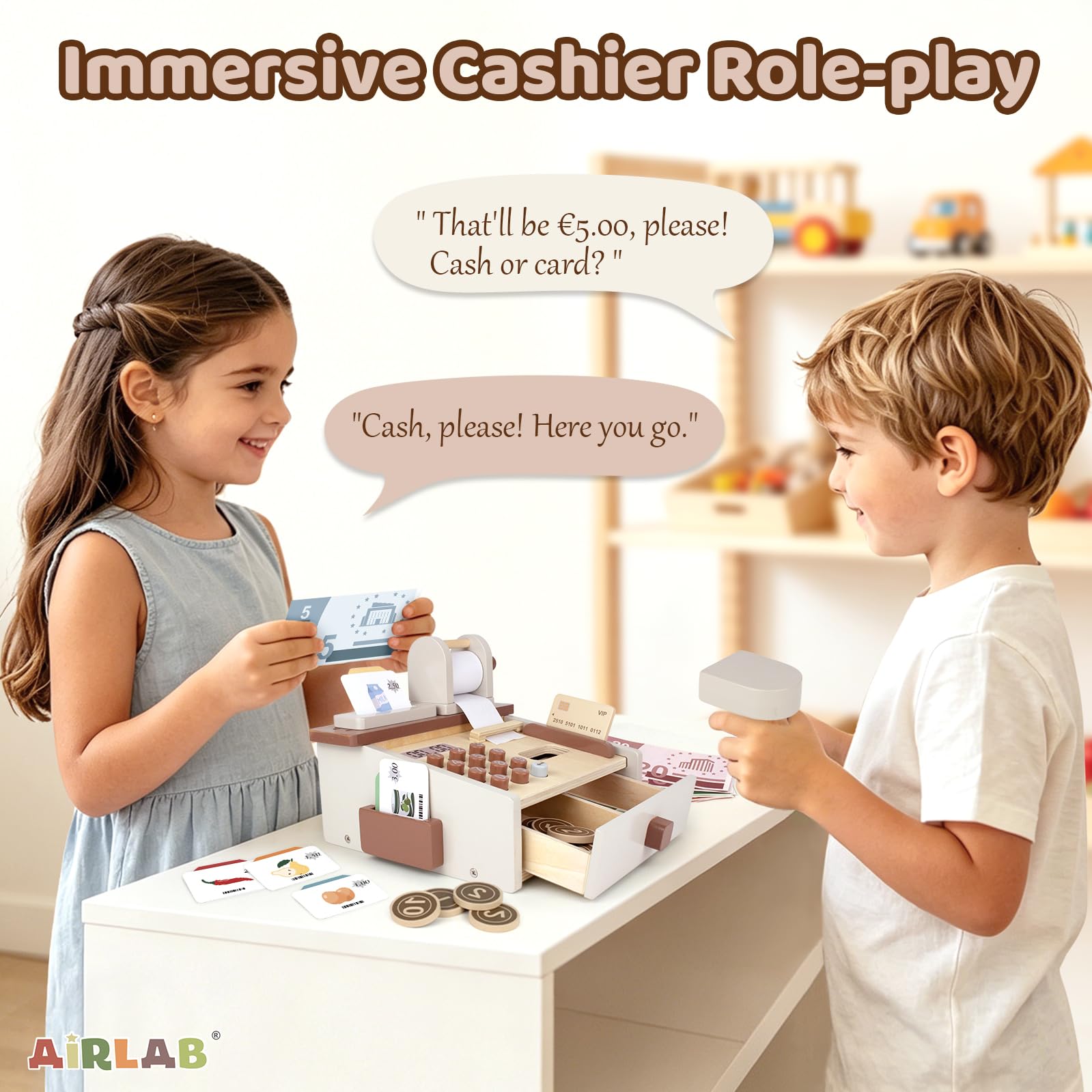 Airlab Kaufladen Zubehör Holz Kasse Spielzeug, Holzspielzeug Kasse Kinder, Kinderkasse mit Scanner Spielgeld, Spielkasse für Kinder, Registrierkasse Rollenspiel Geschenk Mädchen Jungen