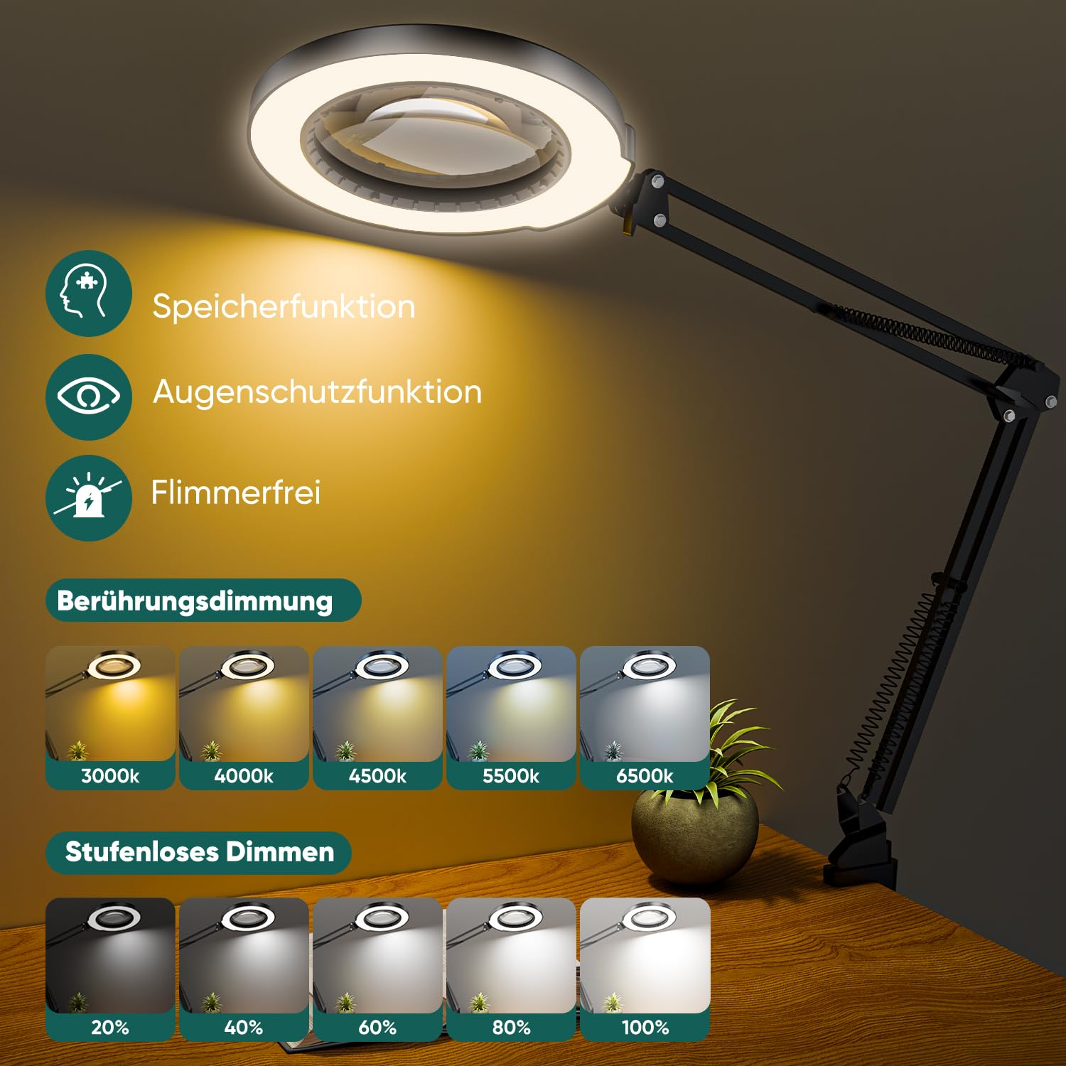 TYEE 10 lupas con luz y pinza, lupa iluminada de cristal auténtico con 5 modos de color y intensidad regulable sin niveles, lámpara de escritorio de control táctil para aficiones, manualidades