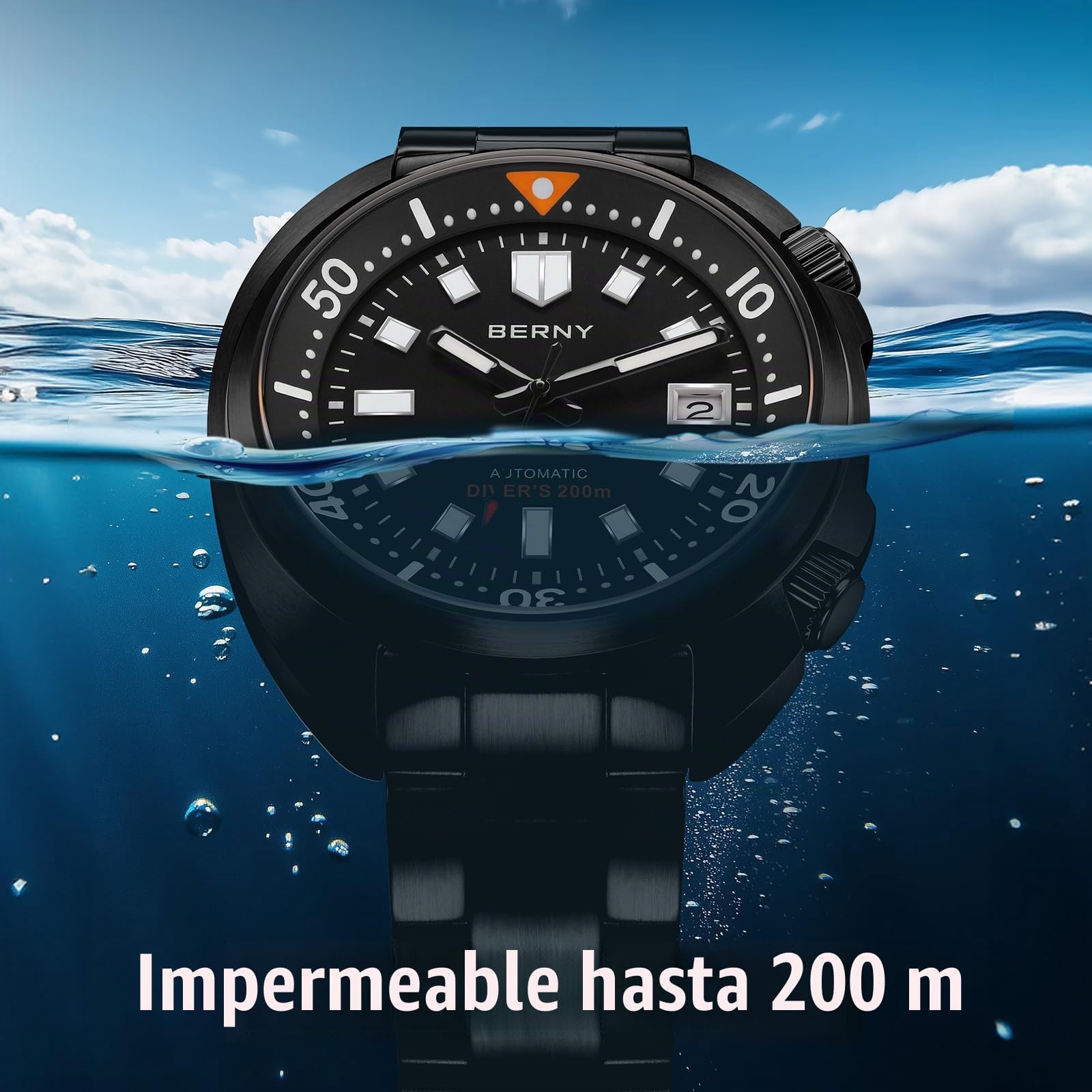 BERNY Reloj Automático Hombre Reloj De Buceo Todo Negro 200M Resistente Al Agua Reloj Analógico Mecánico De Pulsera Masculino con Fecha Super Luminosa Correa De Fluoroelastómero