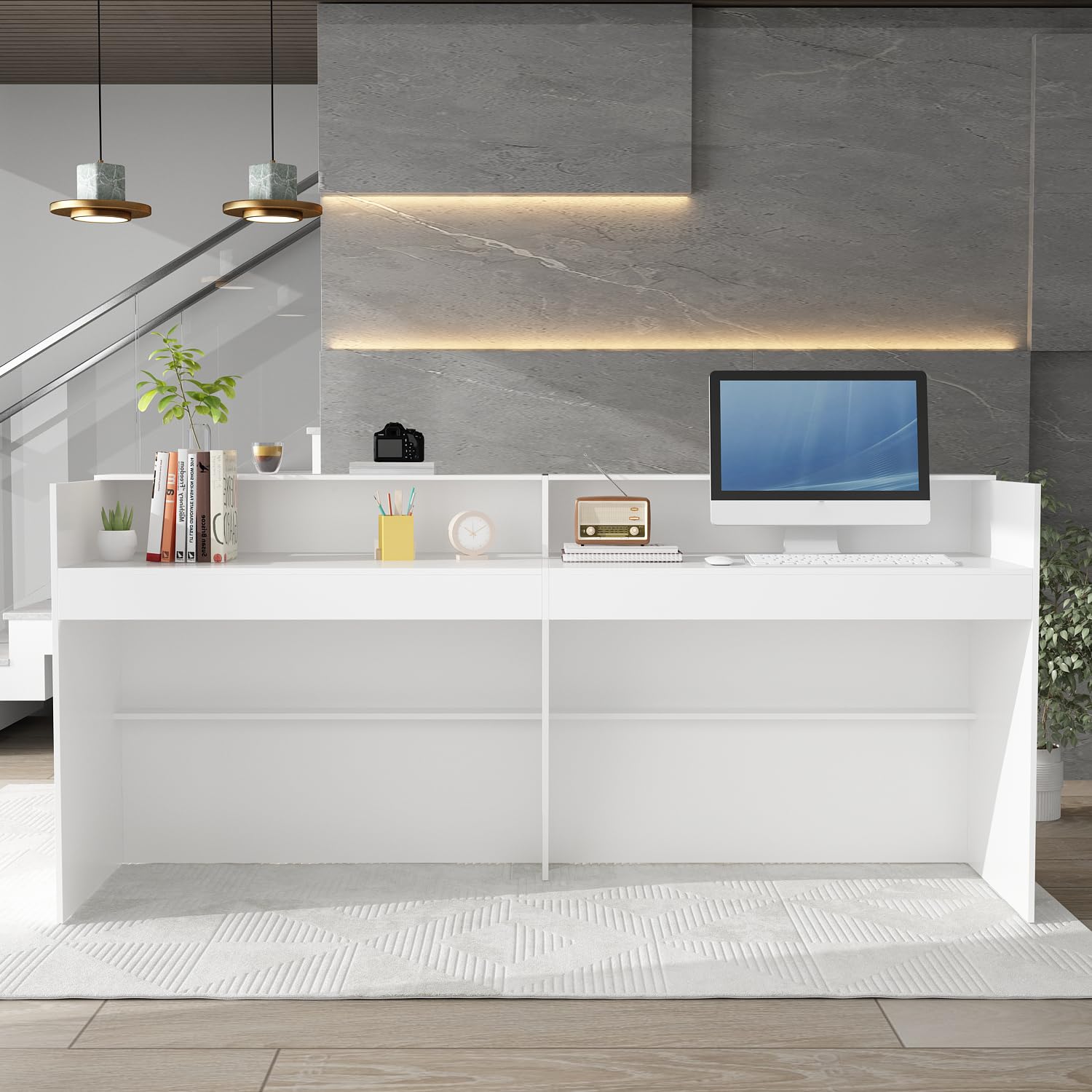 Grande bancone di ricezione con grande superficie di lavoro, casse di ricevimento, banco di reception, bancone negozio, banco di vendita, mobile reception, bianco, MDF, 220 cm x 60 cm x 100 cm