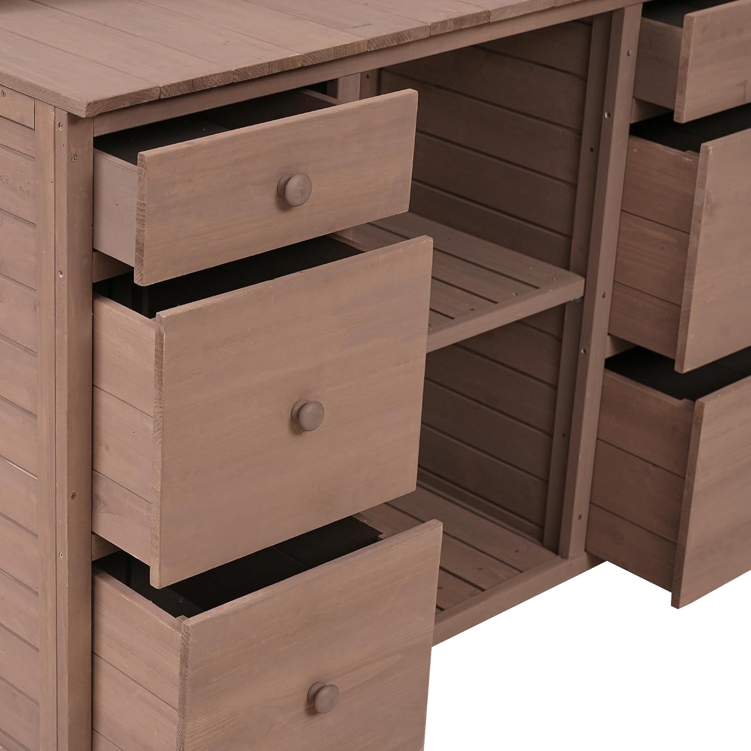 Rustic Design Garden Potting Bench Table with 3 Tiers Shelf and Ample Drawers, Large Gardening Workstation with Fir Wood Frame for Outdoor Space