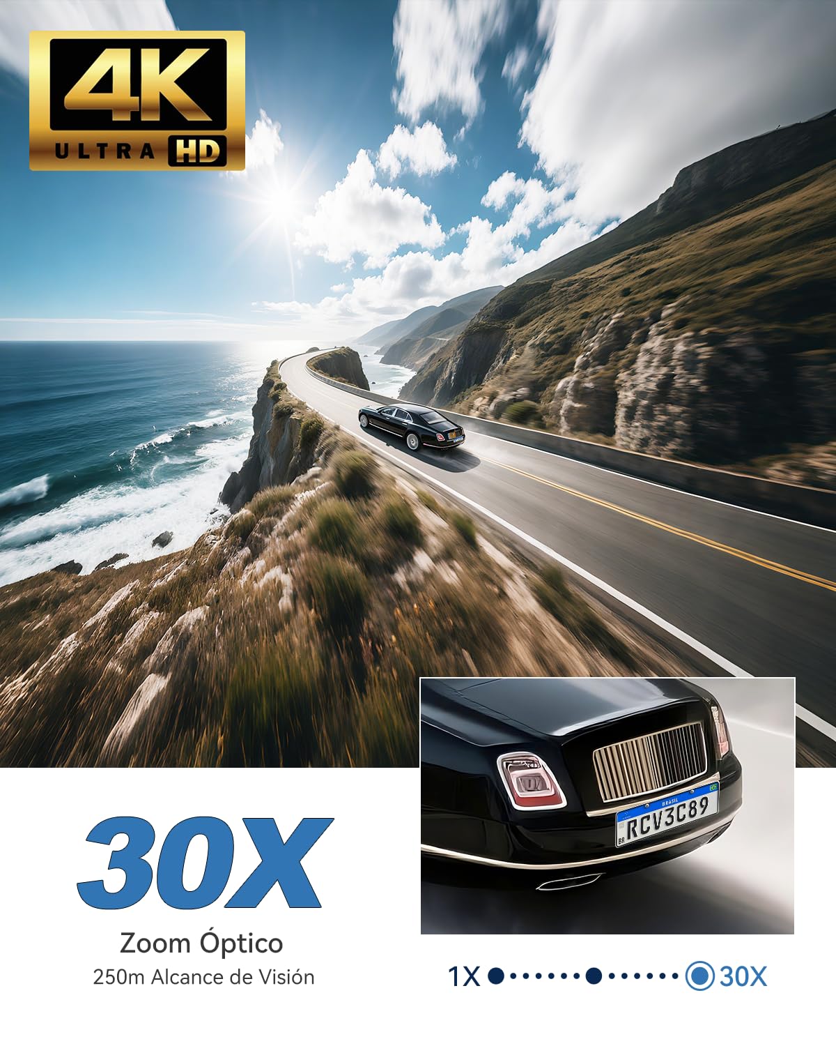 Ctronics 4K 8MP 30X 3D Zoom Óptico Cámara Vigilancia WiFi Exterior,2,4/5GHz | Auto Segui/Cruce/Zoom, Detección de Persona/Vehículo/Animal, Visión Nocturna 150M, Alarma con Luces R&B, Cloud/Metal