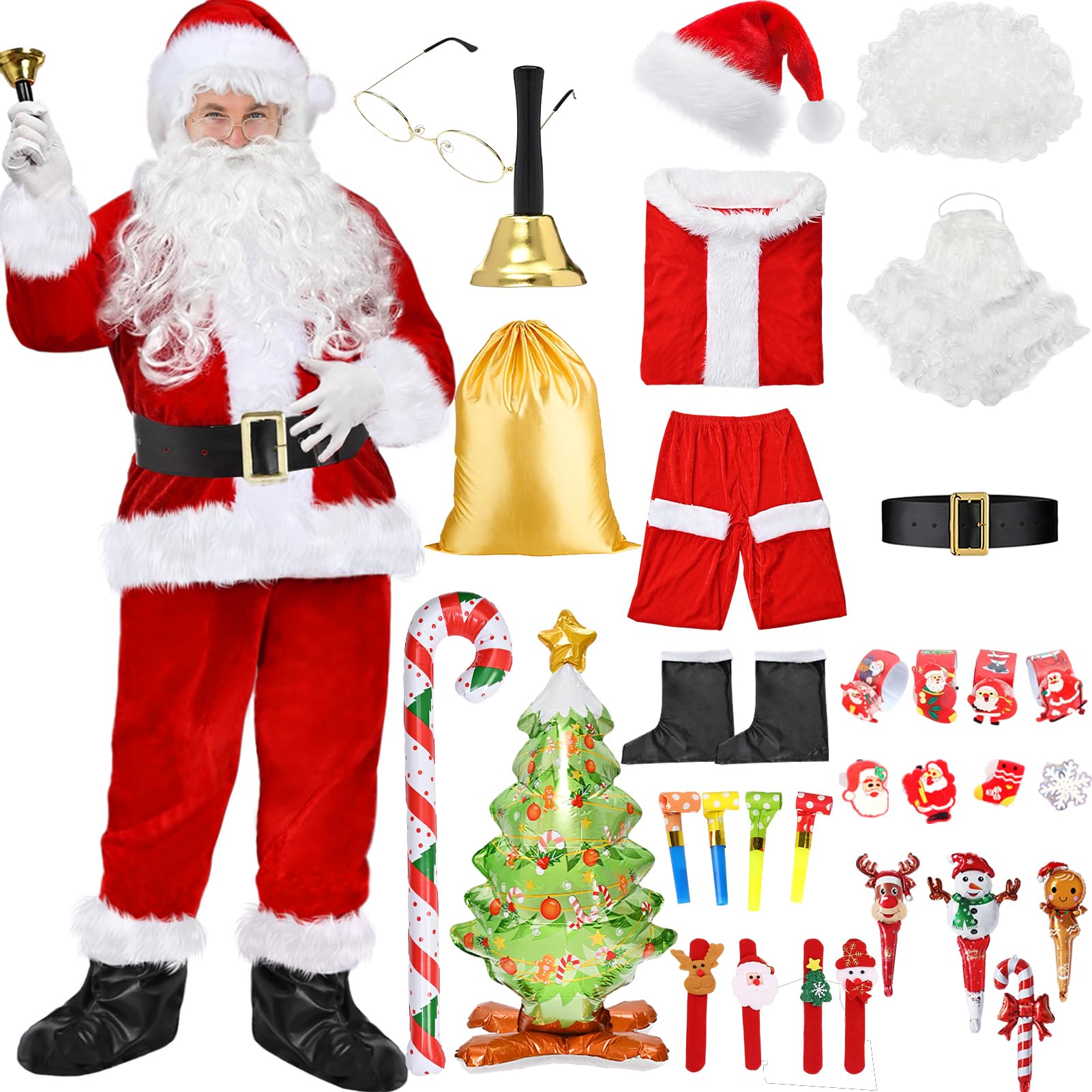 Antsparty Santa Claus Costume for Men, 34PCS Luxury Santa Outfit with Jacket Trousers Hat Wig Beard Surprise Toy, Men Christmas Costume Santa Costume for Christmas Role Cosplay