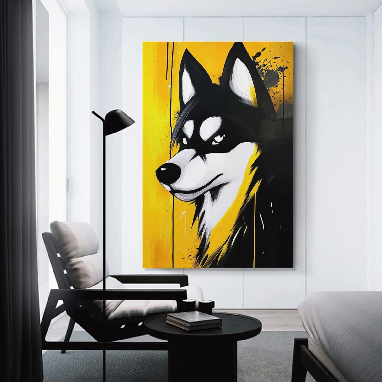 Junmoney Black And Yellow Wolf Hanging Wall Art 16x24inch(40x60cm), for New Homes, Bedrooms Or Workspaces, Thoughtful Wall Decor for Art Lovers