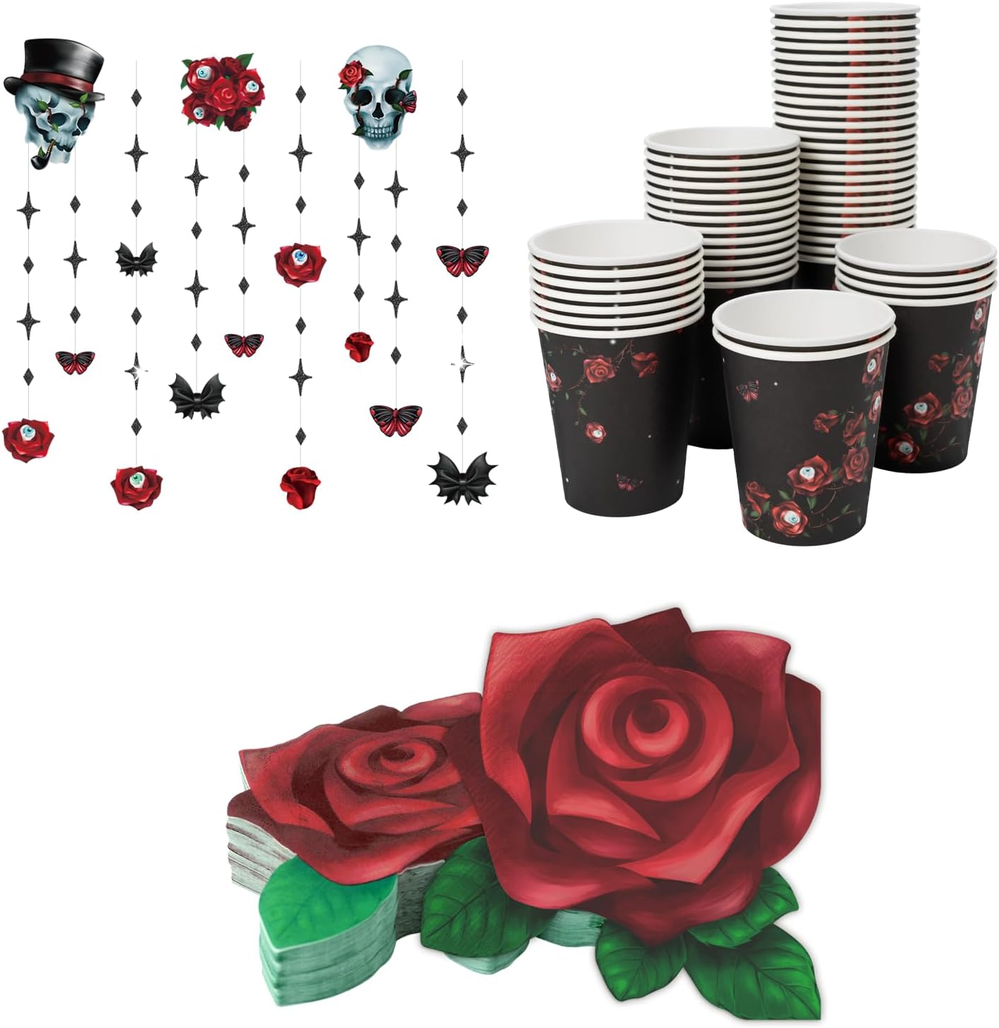 Cheerland Halloween Party Favors Red Rose Skeleton Garland with Disposable Paper Cups and Napkins for Romantic Halloween Party Table Decorations