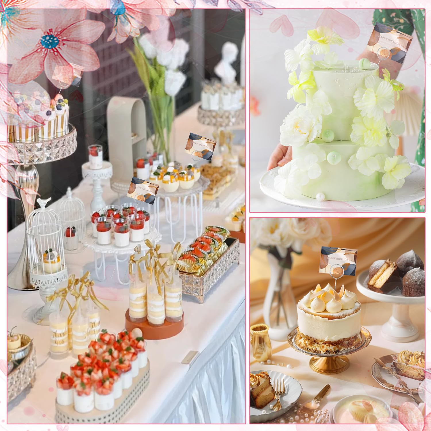 30 Stück Tischkartenhalter mit Blumenmuster, 33 cm, florales Kartenhalter, Metalldraht, Foto-Notizhalter, runder Blumen-Gastgeschenkkartenhalter für Hochzeit, Party, Kuchen (Silber, ​ 30 Karten)