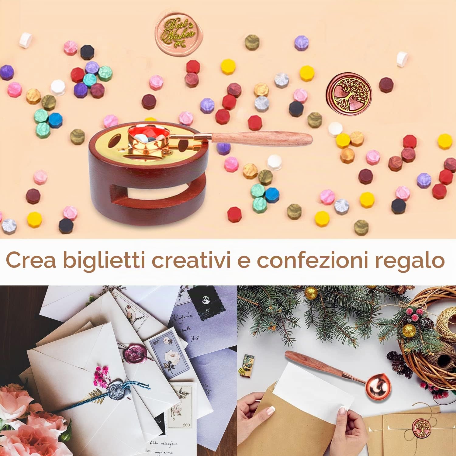 Set di cera per sigillo, 720 perline di cera, in 24 colori+1 timbro di cera+10 candele tealight + 1 scalda+2 penne acriliche, ecc. per buste, lettere, matrimoni, biglietti di Natale, confezione regalo