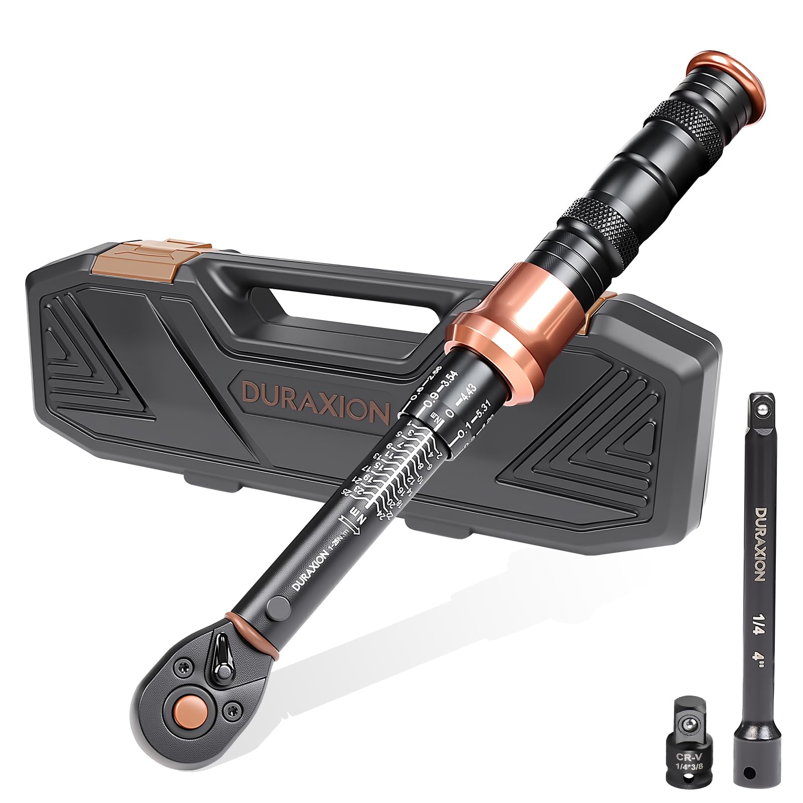 DURAXION 1/4インチトルクレンチ セット3点組 トルクレンチ 自転車 ロードバイク プレセット型 差込角6.35 mm 1-25N.m 自電車 バイク 機械の整備 高精度 正方向±3％ 逆方向±5％ 見やすいダブル目盛り 左右回転 72ギア 5°送り角 快速着脱 小型 手動 機械式 軽量 CRV材質ソケット 校正証明書 日本語取扱説明書 収納ケース付き