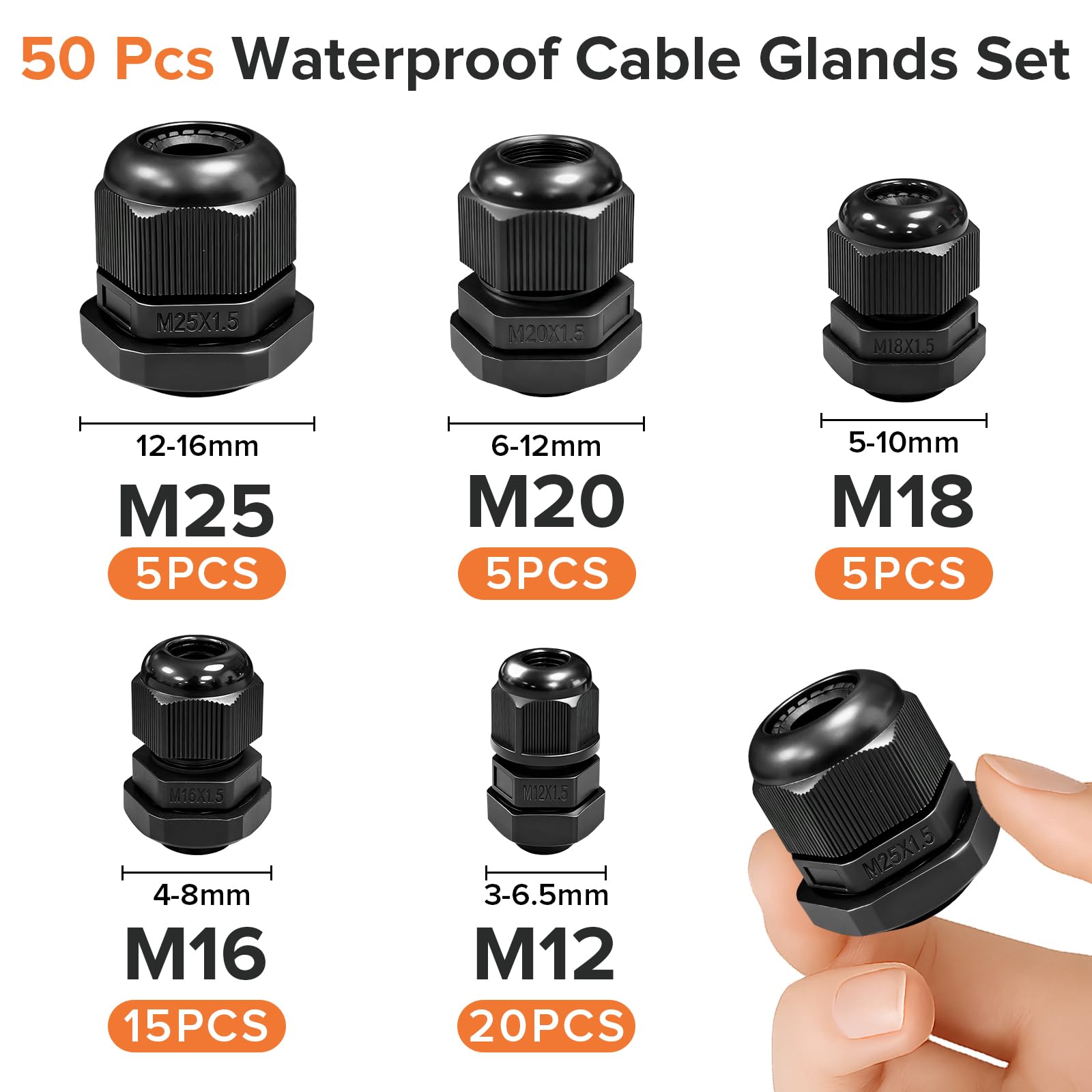 Lot De 50 Presse-Étoupes M12 M16 M18 M20 M25 IP68 - Passe-Câbles Étanches Nylon Noir Réglables 3-16 Mm