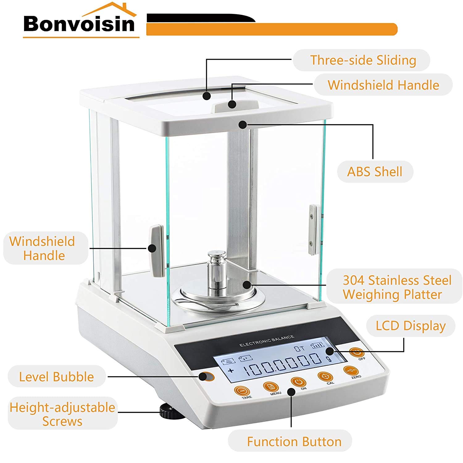 Bonvoisin Analytische Waage 100-300gx1mg Pr?zisionslaborwaage 0.001g Digitale Analysenwaage RS232-Schnittstelle Labor Elektronische Waage LCD-Anzeige mit Windschutzscheibe (220g, 0.1mg)