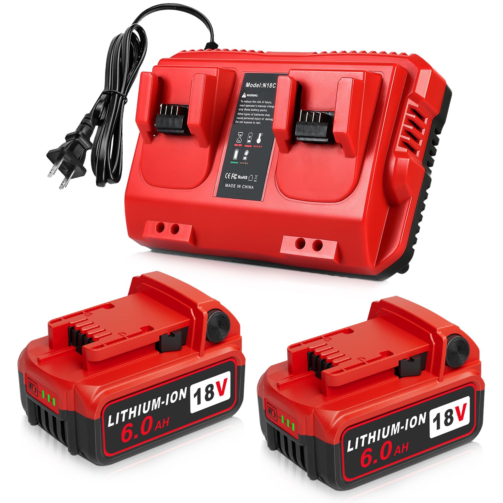 Upgraded 2Pack 18V 6.0Ah Batteries with Rapid Dual Charger Replacement for Milwaukee M-18 Battery