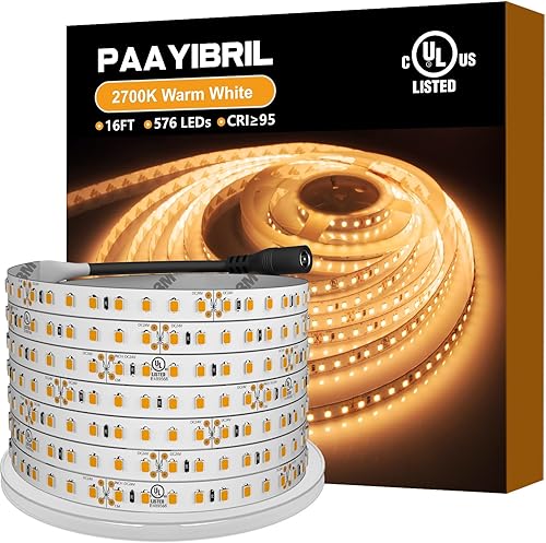 Tira de luces LED de color blanco cálido de 2700 K, 450 lmft ultra brillante, CRI 95+, certificación UL, alta densidad 2835, 16 pies, 576 LED, cinta