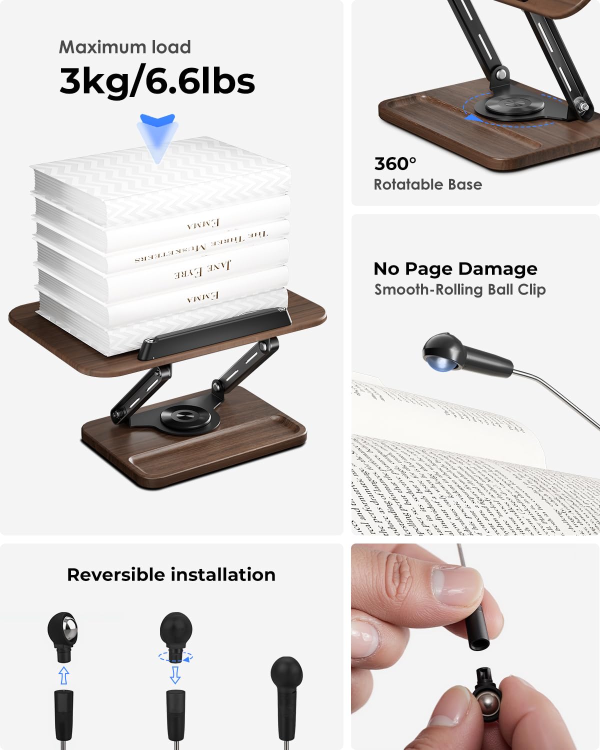 Viozon Support de livre pour la lecture, support de livre avec base rotative à 360° avec fente pour stylo, support de lecture pliable avec clips de page élastiques pour livre de cuisine, recettes